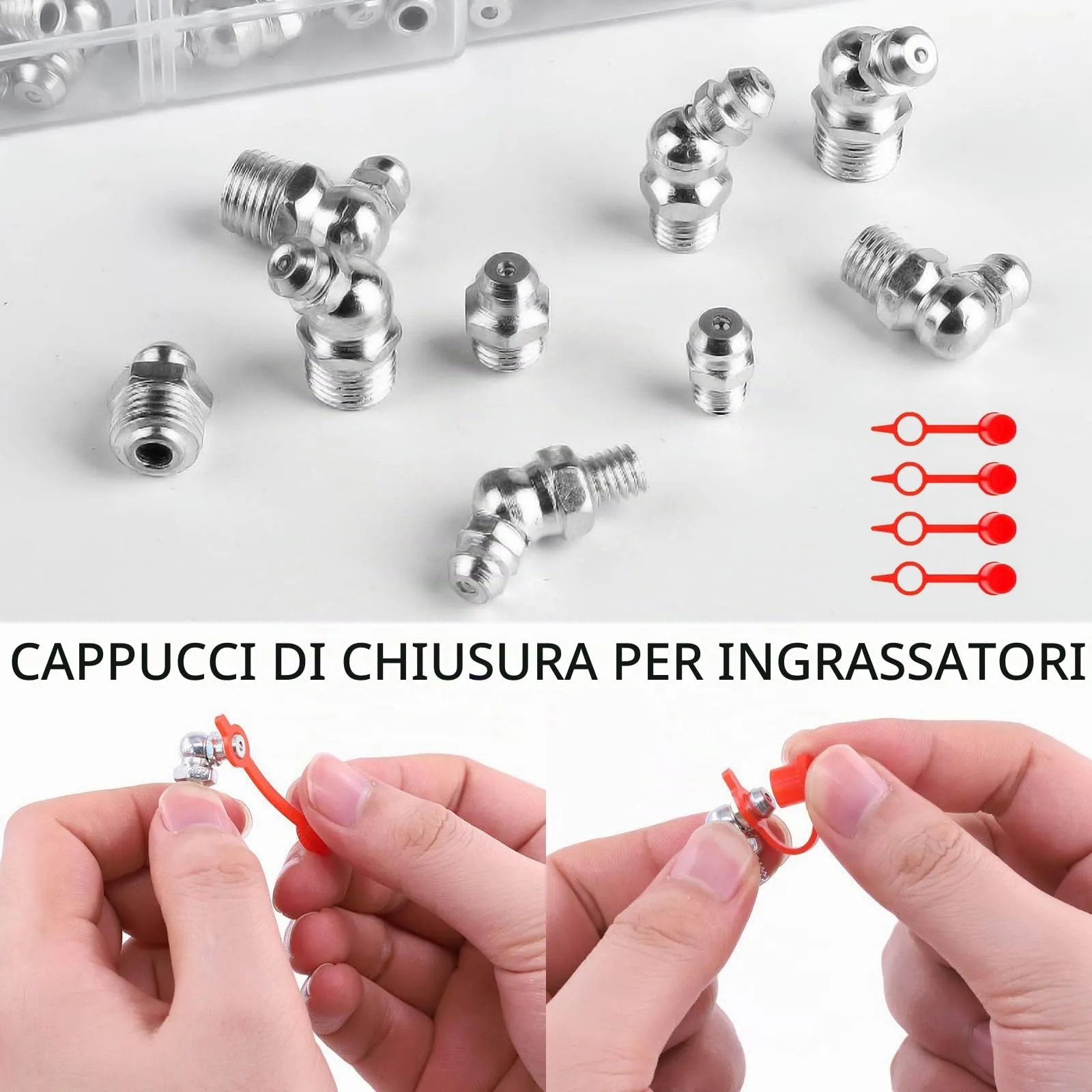 YUNXCNA Set di Ingrassatori M6 M8 M10, 60 Pezzi Raccordi in Metallo Dritti e Angolati 45° 90°, 10 Tappi per Ingrassaggio - immagine 5