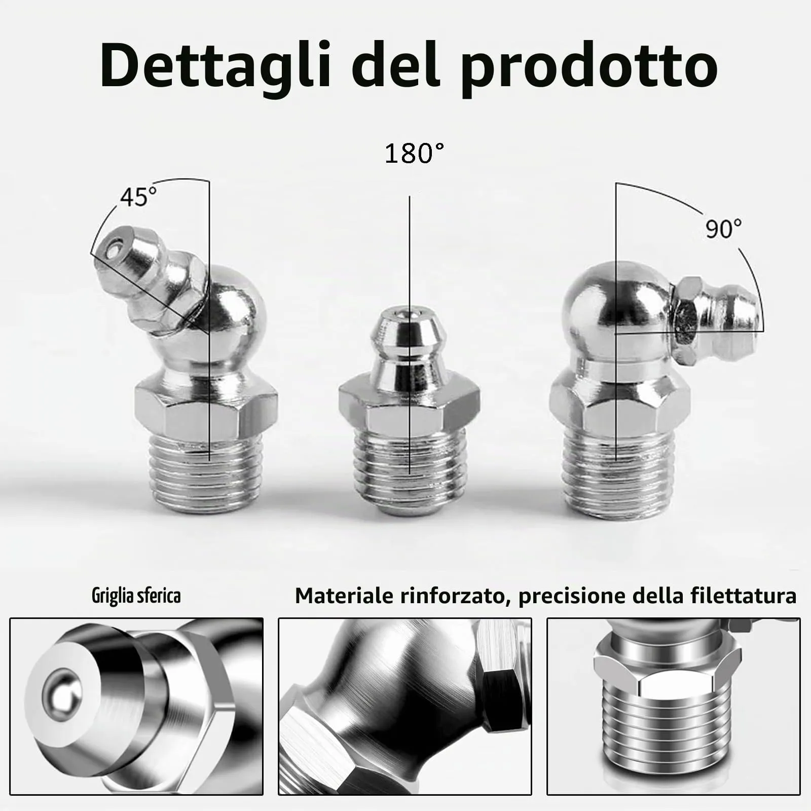 YUNXCNA Set di Ingrassatori M6 M8 M10, 60 Pezzi Raccordi in Metallo Dritti e Angolati 45° 90°, 10 Tappi per Ingrassaggio - immagine 7