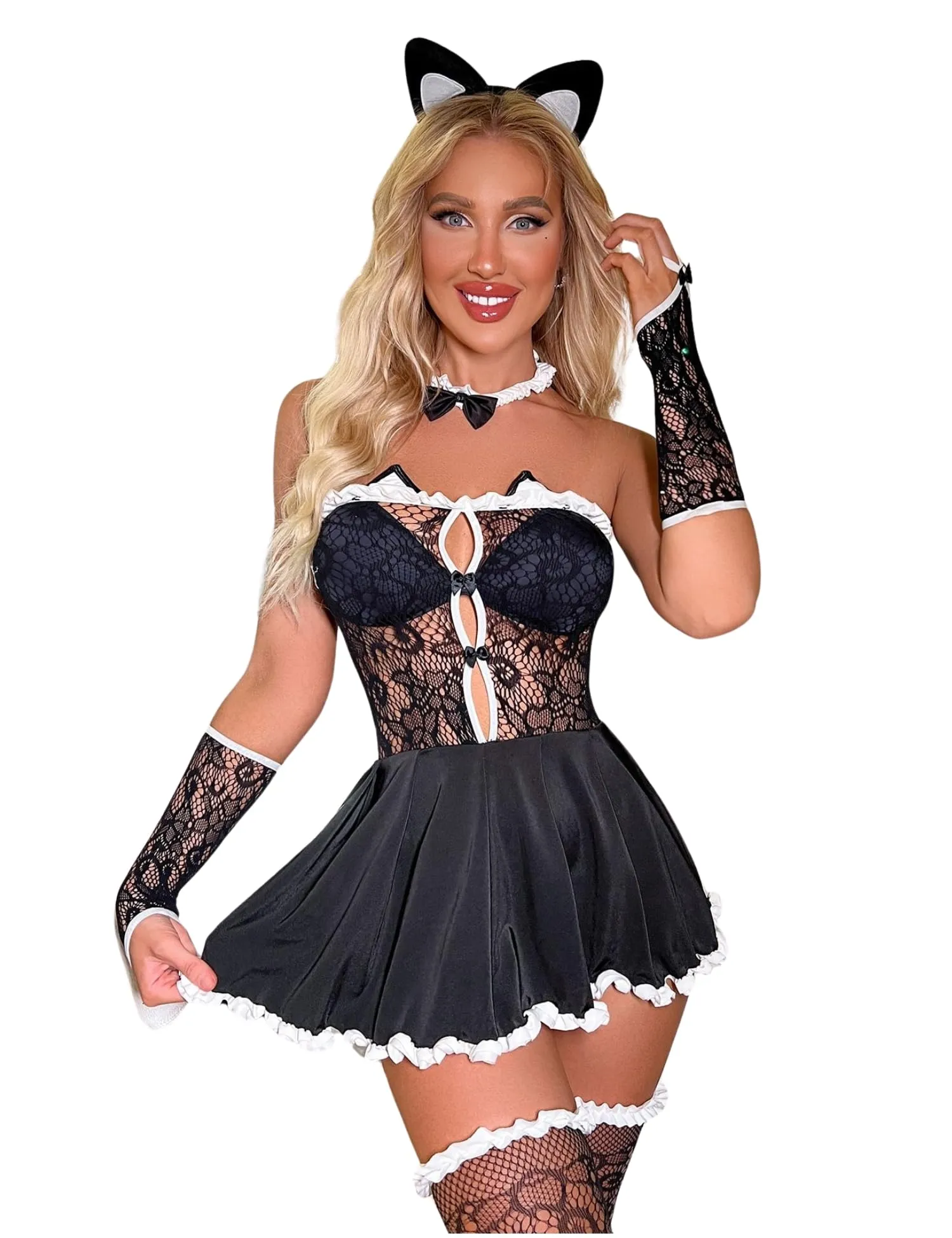 ROSVAJFY Costume Cosplay Ragazza Gatta Cameriera Francese in Pizzo con Calze - Nero, Taglia unica - immagine 1