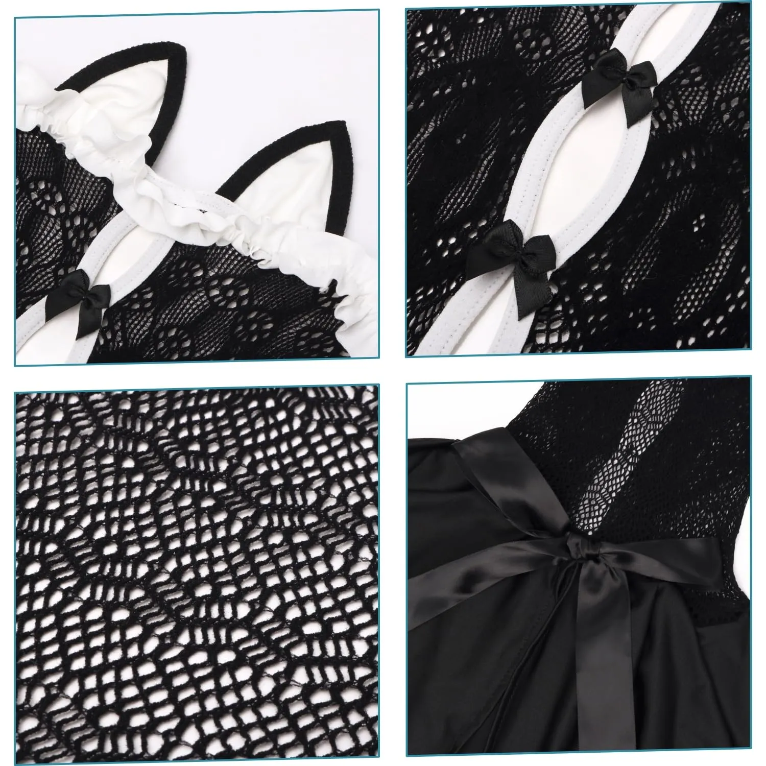 ROSVAJFY Costume Cosplay Ragazza Gatta Cameriera Francese in Pizzo con Calze - Nero, Taglia unica - immagine 6