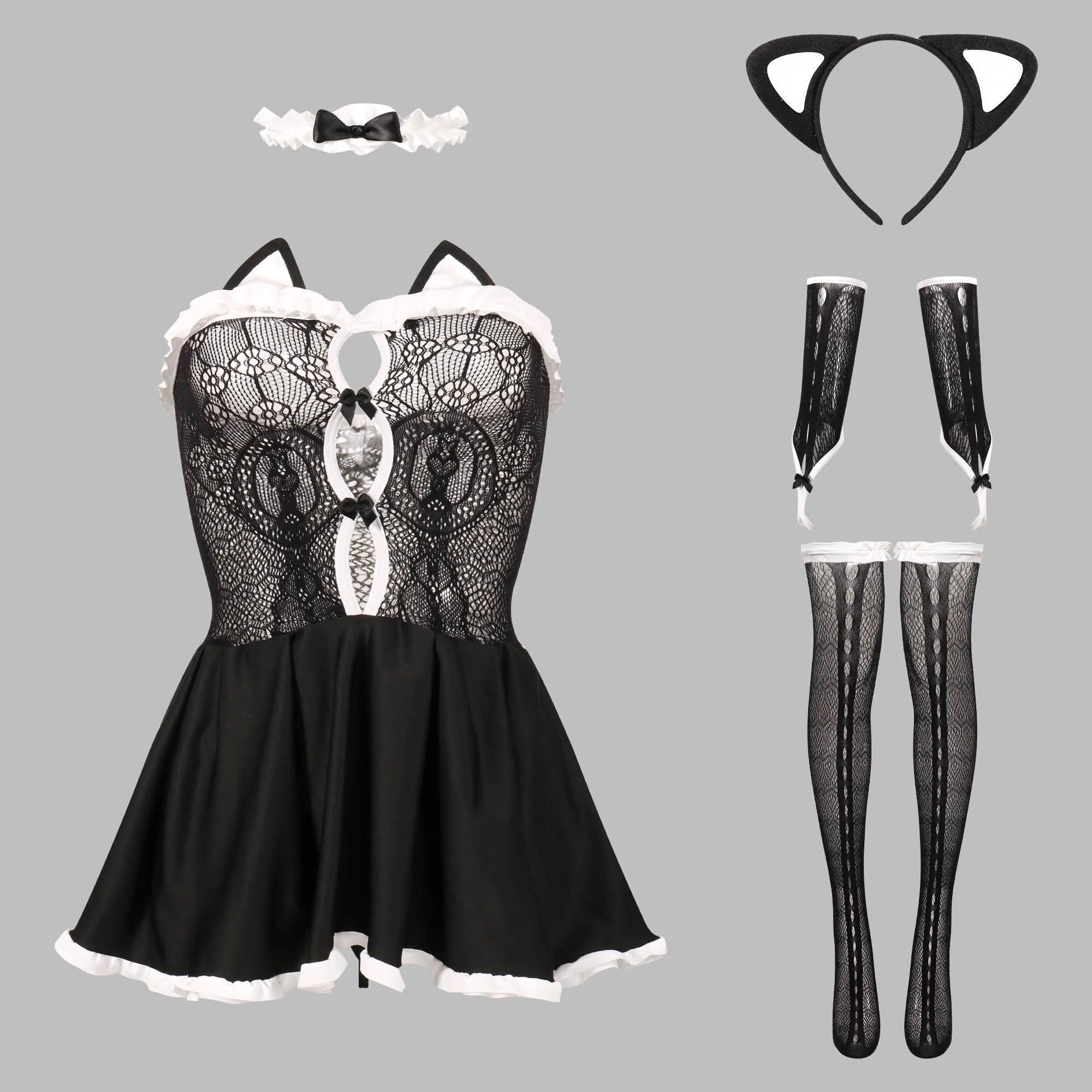 ROSVAJFY Costume Cosplay Ragazza Gatta Cameriera Francese in Pizzo con Calze - Nero, Taglia unica - immagine 7