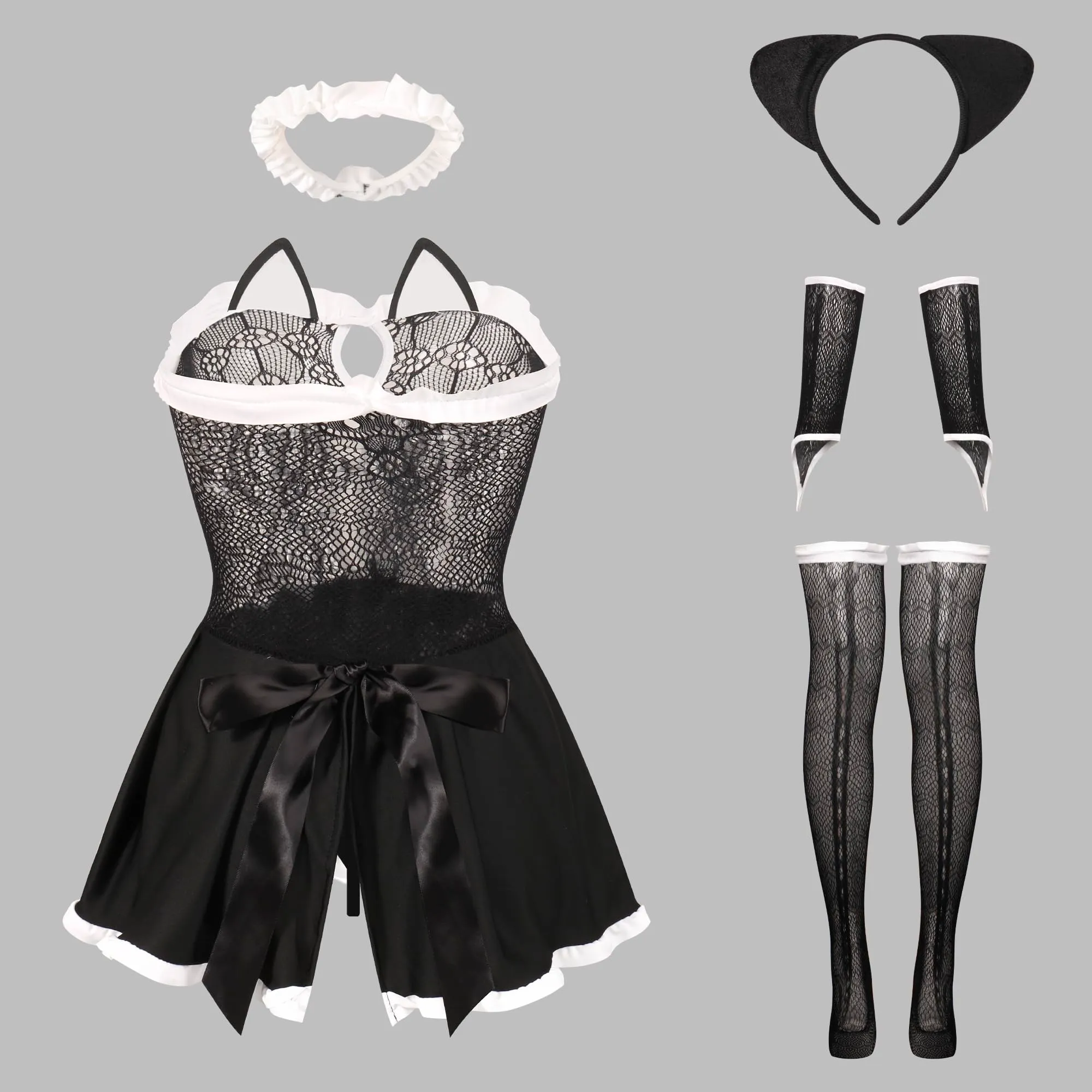 ROSVAJFY Costume Cosplay Ragazza Gatta Cameriera Francese in Pizzo con Calze - Nero, Taglia unica - immagine 8