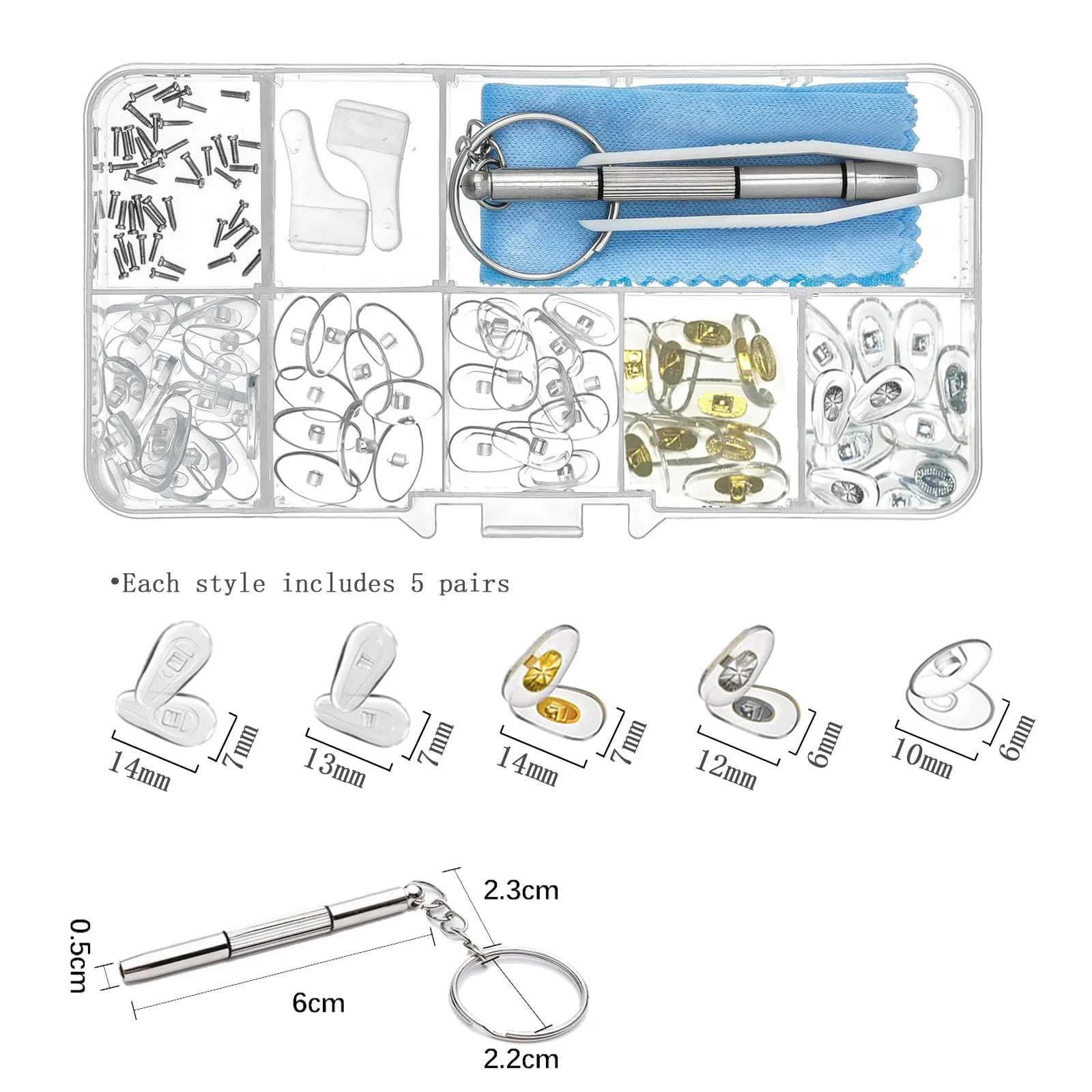 Souruud Kit di Riparazione Occhiali con 25 Paia di Naselli Avvitabili in Silicone, Viti, Cacciavite, Pinzette e Panno per Pulizia - immagine 2