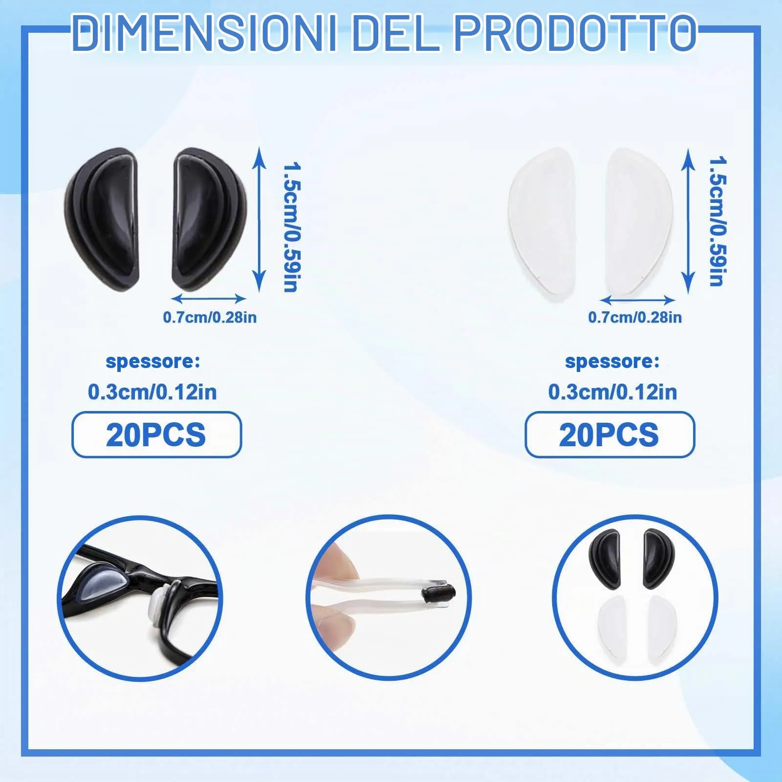DUGEGAYL Naselli per Occhiali in Silicone, 20 Paia (10 Trasparenti, 10 Neri), Design con Airbag, Autoadesivi e Antiscivolo - immagine 2