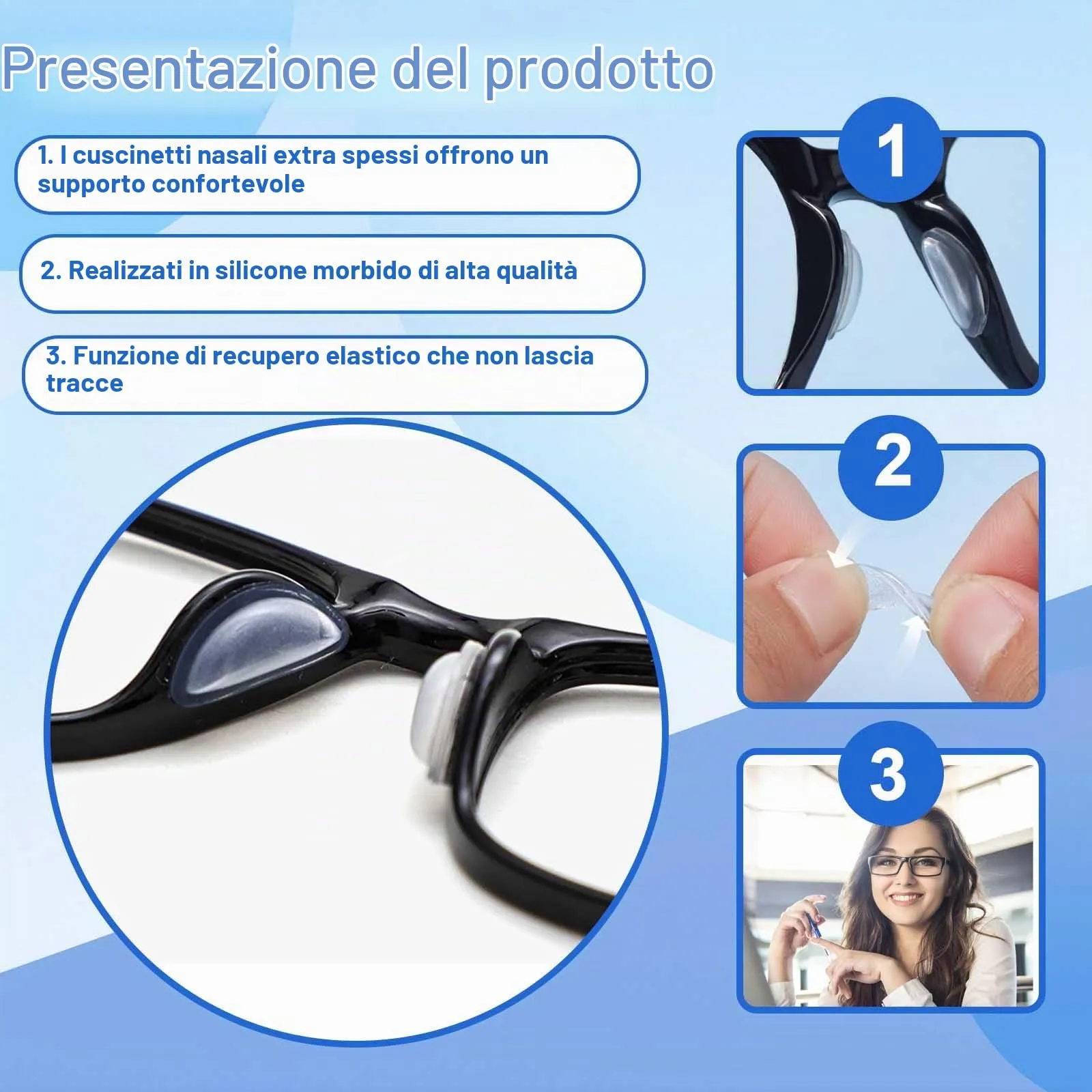 DUGEGAYL Naselli per Occhiali in Silicone, 20 Paia (10 Trasparenti, 10 Neri), Design con Airbag, Autoadesivi e Antiscivolo - immagine 3