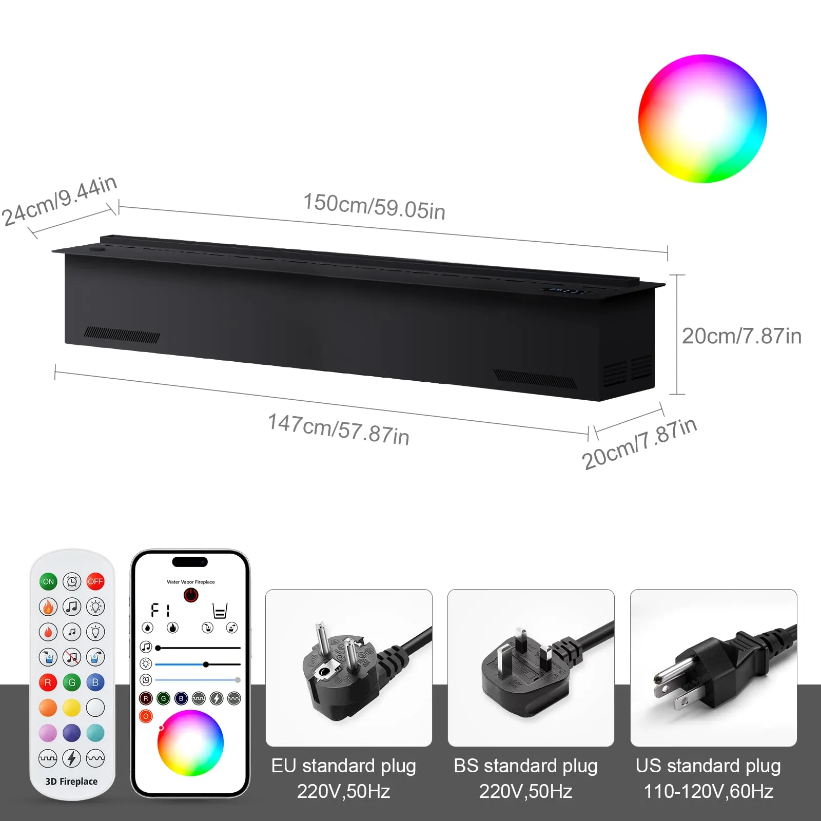 LIMERRI Camino a vapore acqueo 3D 150 cm, 9 colori di fiamma, senza riscaldamento - immagine 2