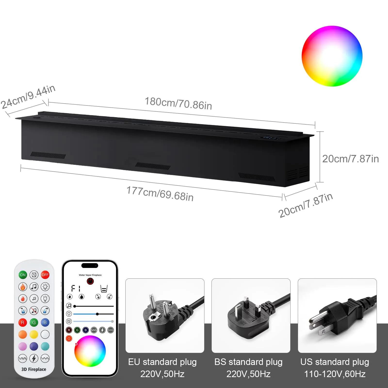 LIMERRI Camino a Vapore Acqueo 3D, 9 Colori di Fiamma, 180 cm, Senza Riscaldamento - immagine 2