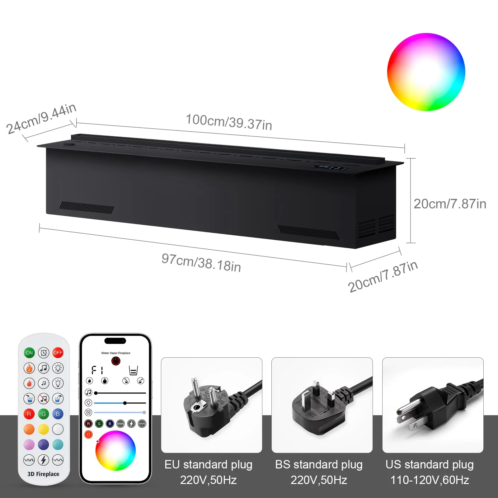 LIMERRI Camino a Vapore Acqueo 3D 100 cm, 9 Colori di Fiamma, Senza Riscaldamento - immagine 2