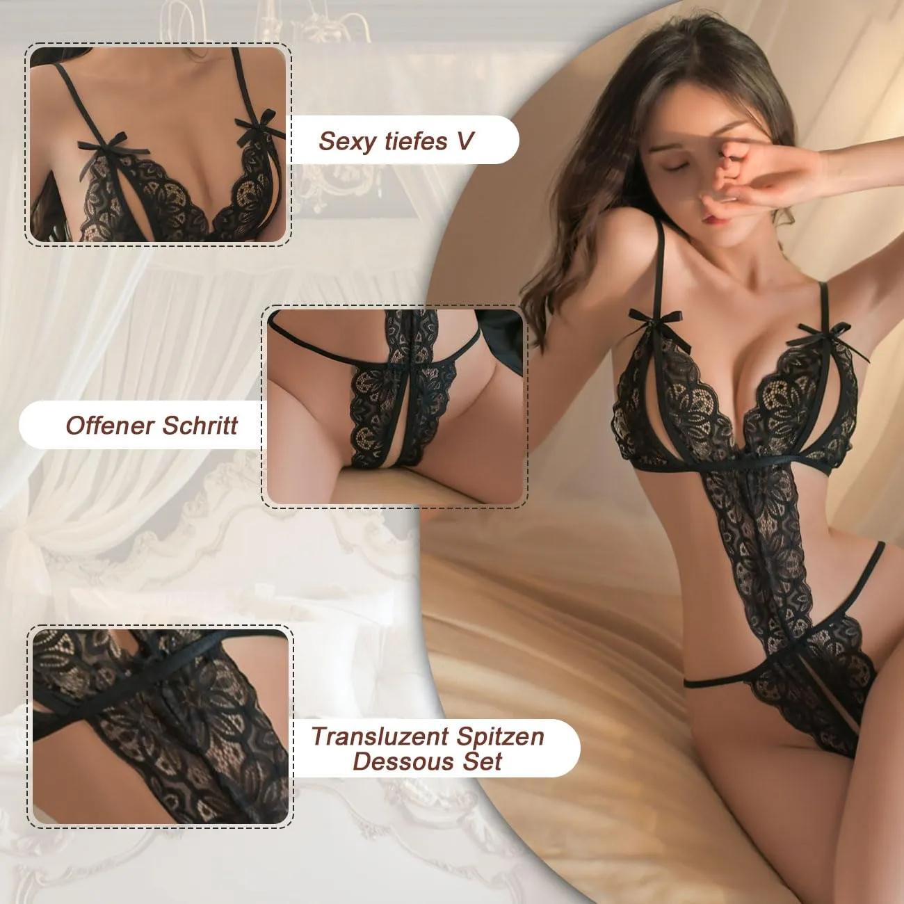 Auriselle Lingerie Set in Pizzo Traslucido, Taglia Unica, Nero - immagine 4