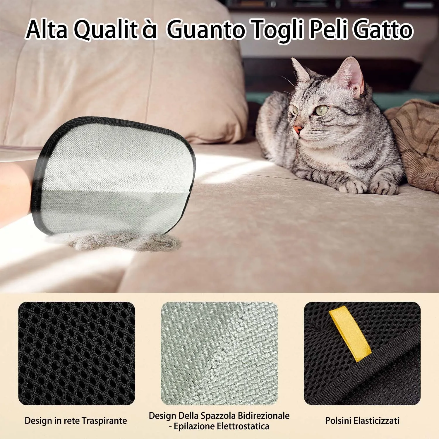 Kunoli Guanto Rimuovi Peli per Gatti e Cani, Spazzola per Tappeti e Divani, Nero, Taglia Unica - immagine 2