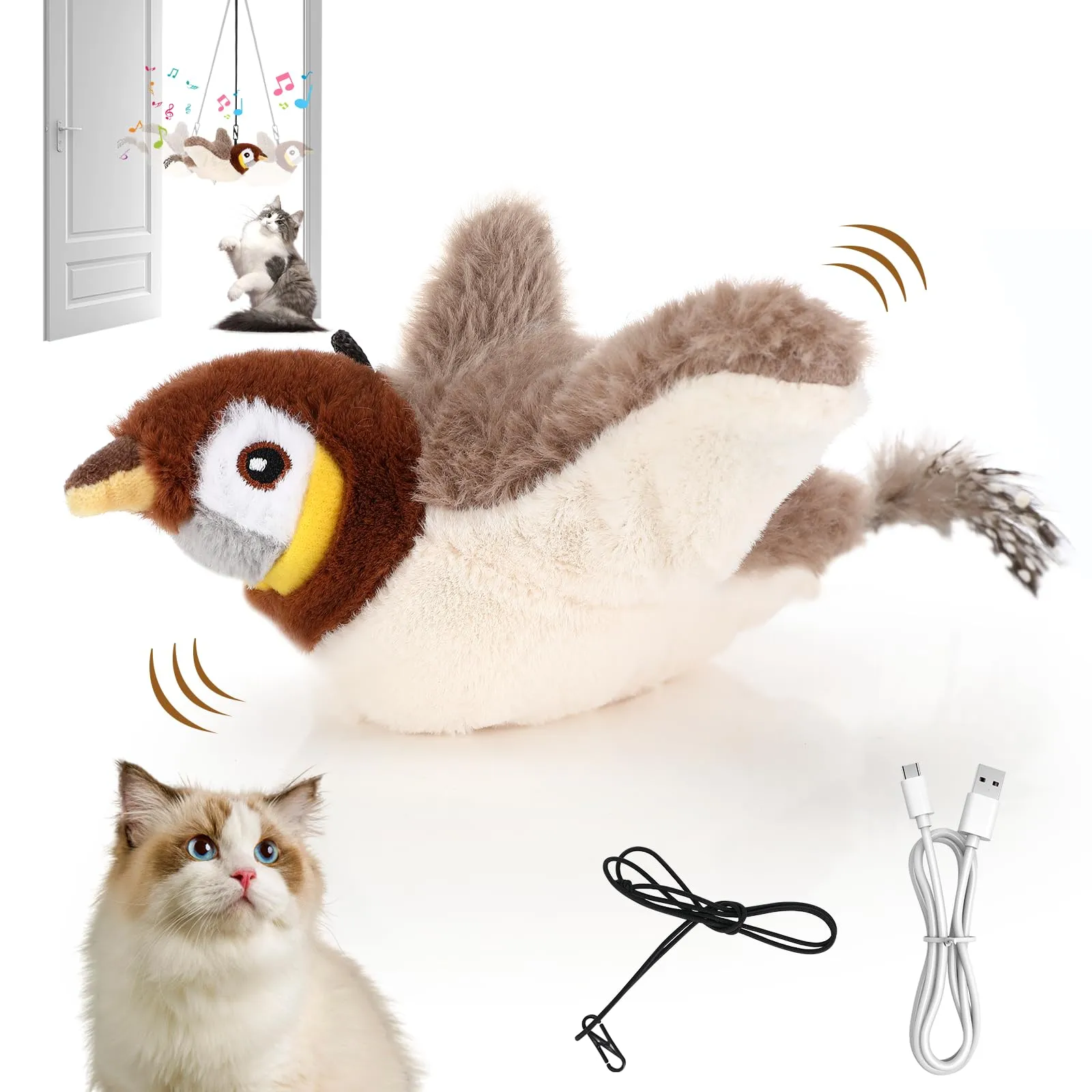 Collazoey Giocattolo Intelligente per Gatti a Forma di Uccellino Volante, Ricaricabile USB-C, Grigio, Piccolo - immagine 1