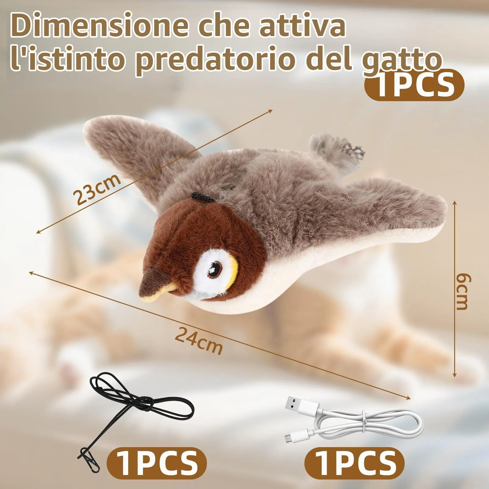 Collazoey Giocattolo Intelligente per Gatti a Forma di Uccellino Volante, Ricaricabile USB-C, Grigio, Piccolo - immagine 2