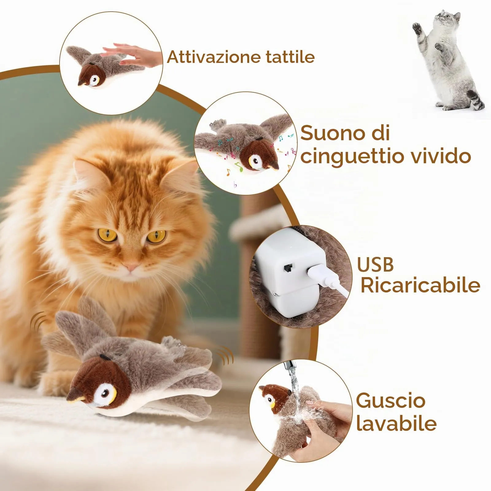 Collazoey Giocattolo Intelligente per Gatti a Forma di Uccellino Volante, Ricaricabile USB-C, Grigio, Piccolo - immagine 4