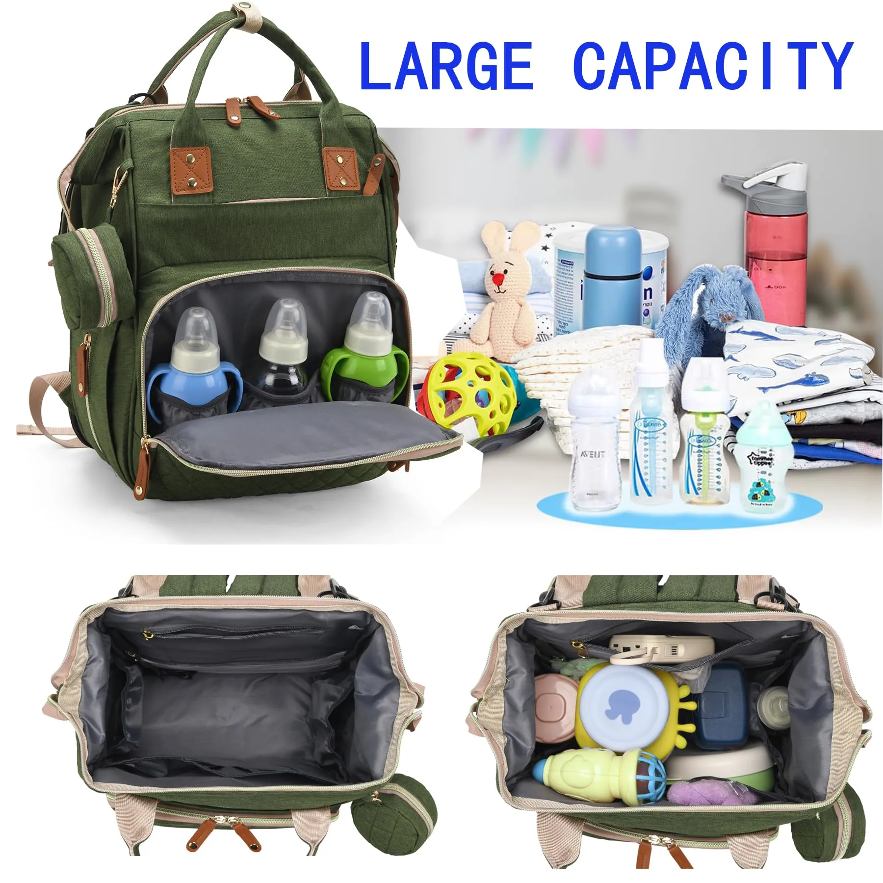 Fexkean Zaino Multifunzionale per Cambio Pannolino Impermeabile con Letto Pieghevole, Grass Green - immagine 3