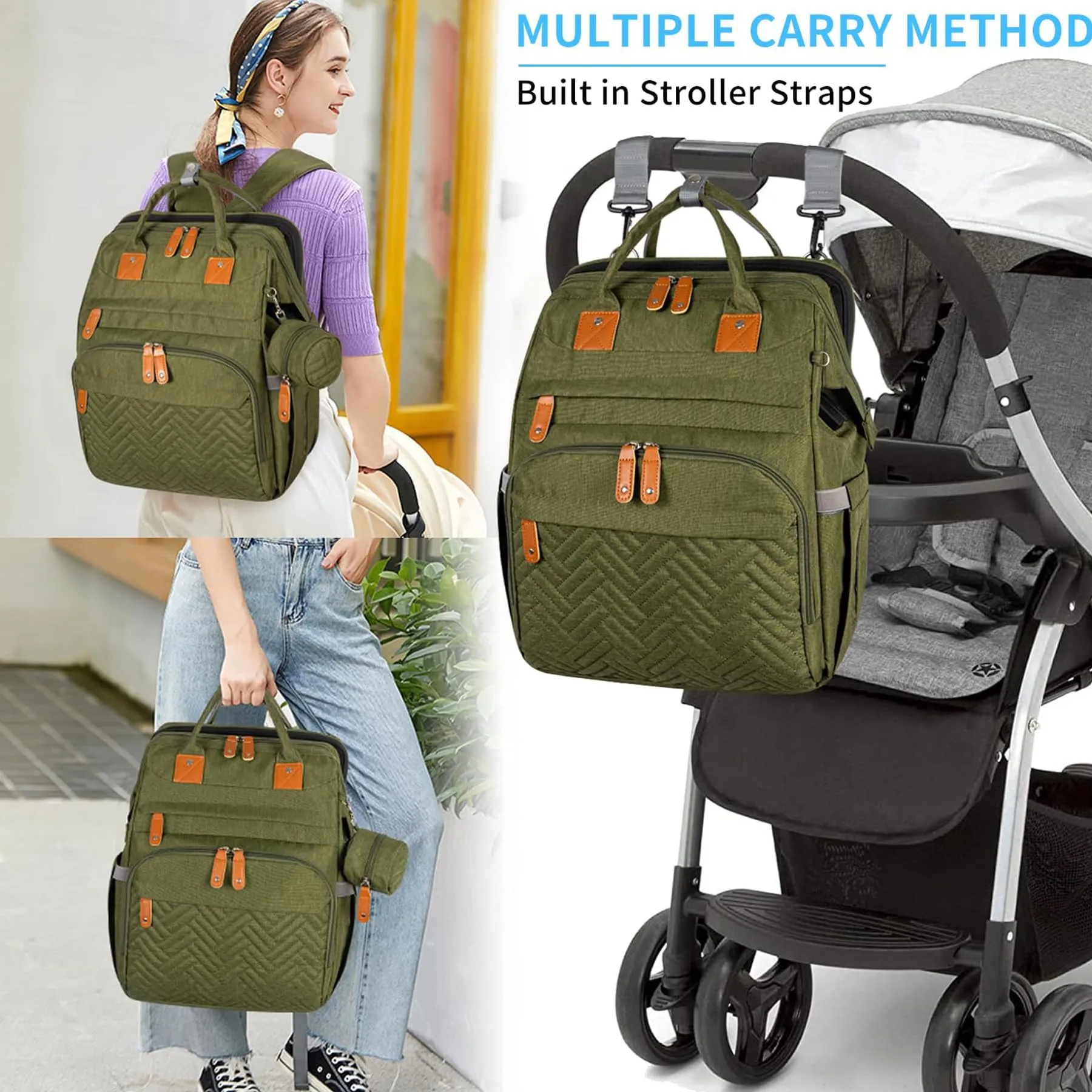 Fexkean Zaino Multifunzionale per Cambio Pannolino Impermeabile con Letto Pieghevole, Grass Green - immagine 5