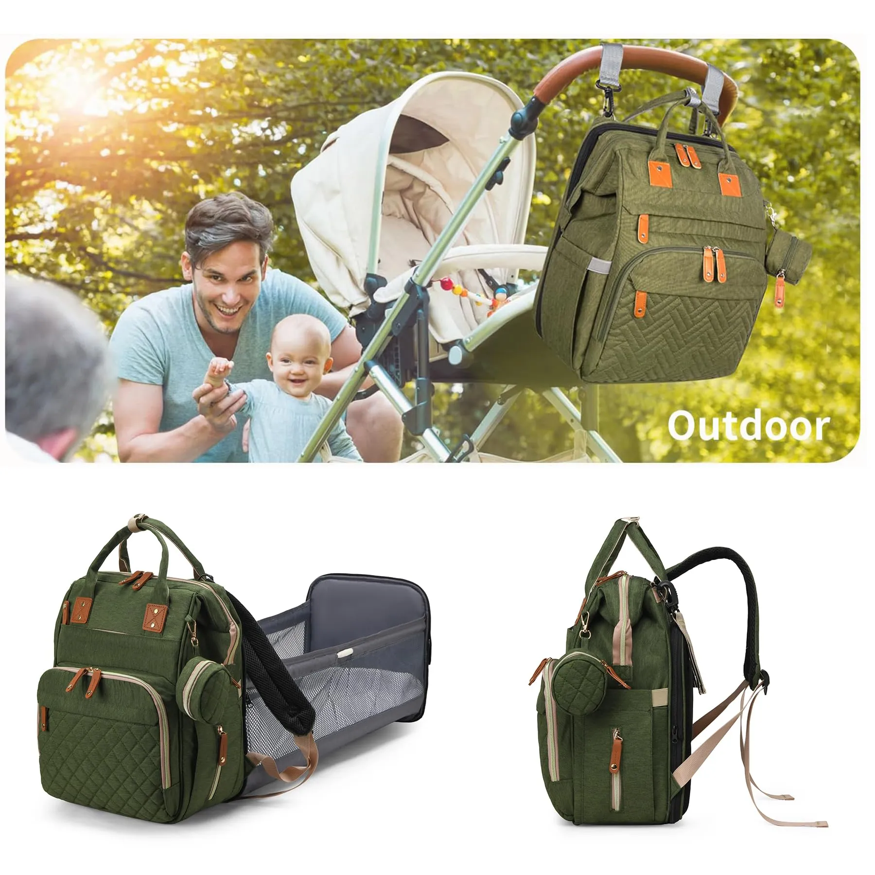 Fexkean Zaino Multifunzionale per Cambio Pannolino Impermeabile con Letto Pieghevole, Grass Green - immagine 6