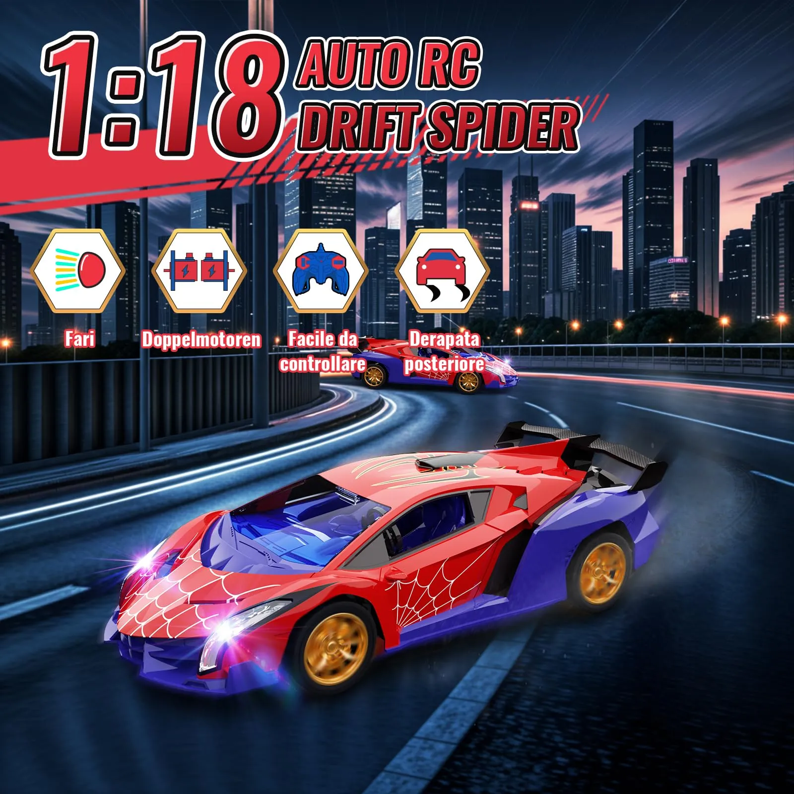Mirthigig Macchina Telecomandata 1:18, 2.4GHz Drift con Luci LED - immagine 3