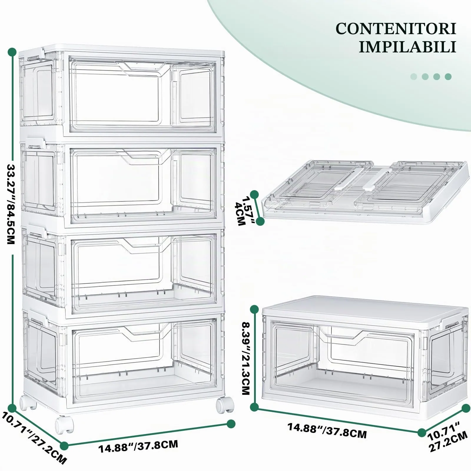 StowBin Scatole Portaoggetti Impilabili con Coperchio, 4 Ripiani, 23L, Trasparenti - immagine 2