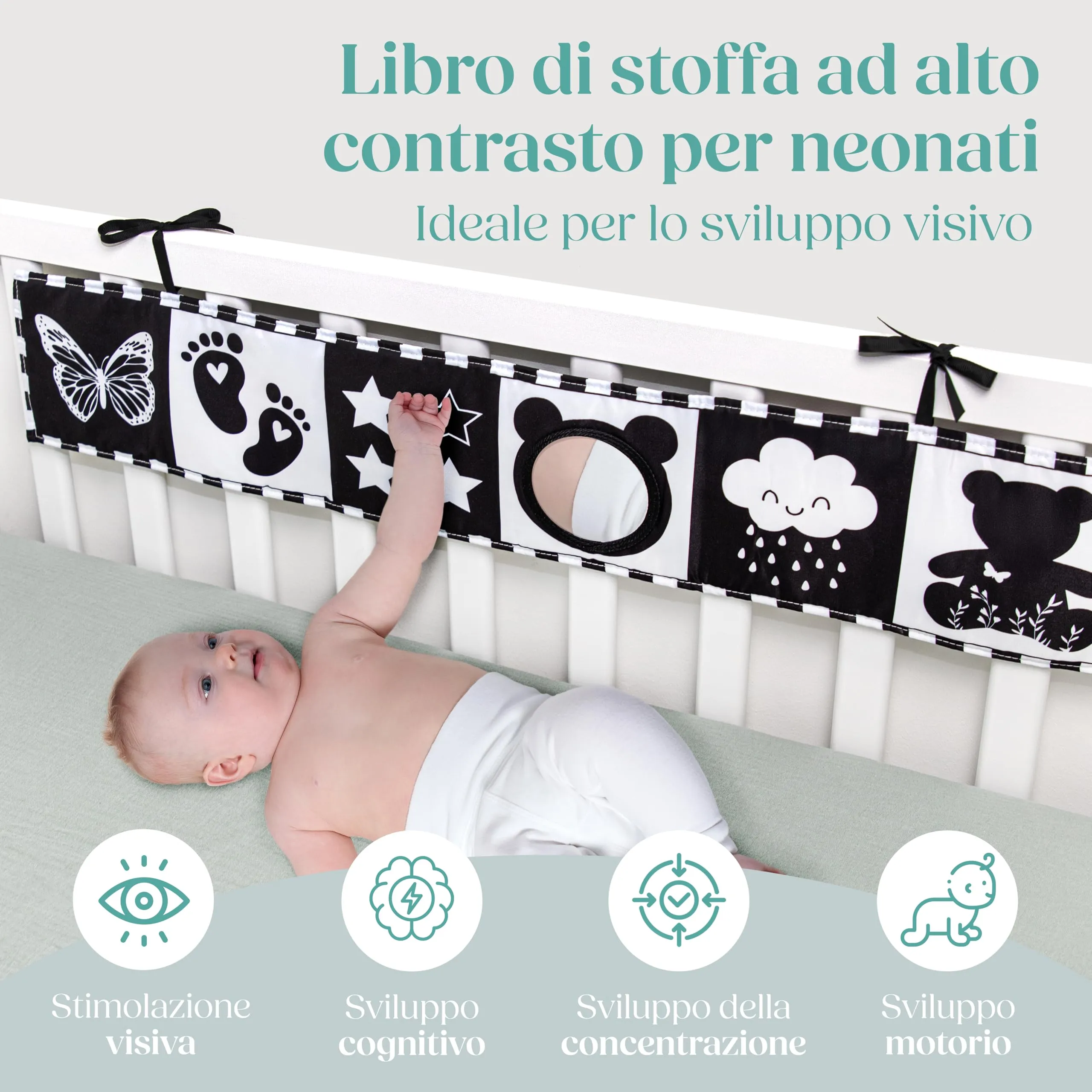 Wellode Libro Sensoriale in Stoffa per Neonati, Bianco e Nero ad Alto Contrasto - immagine 4