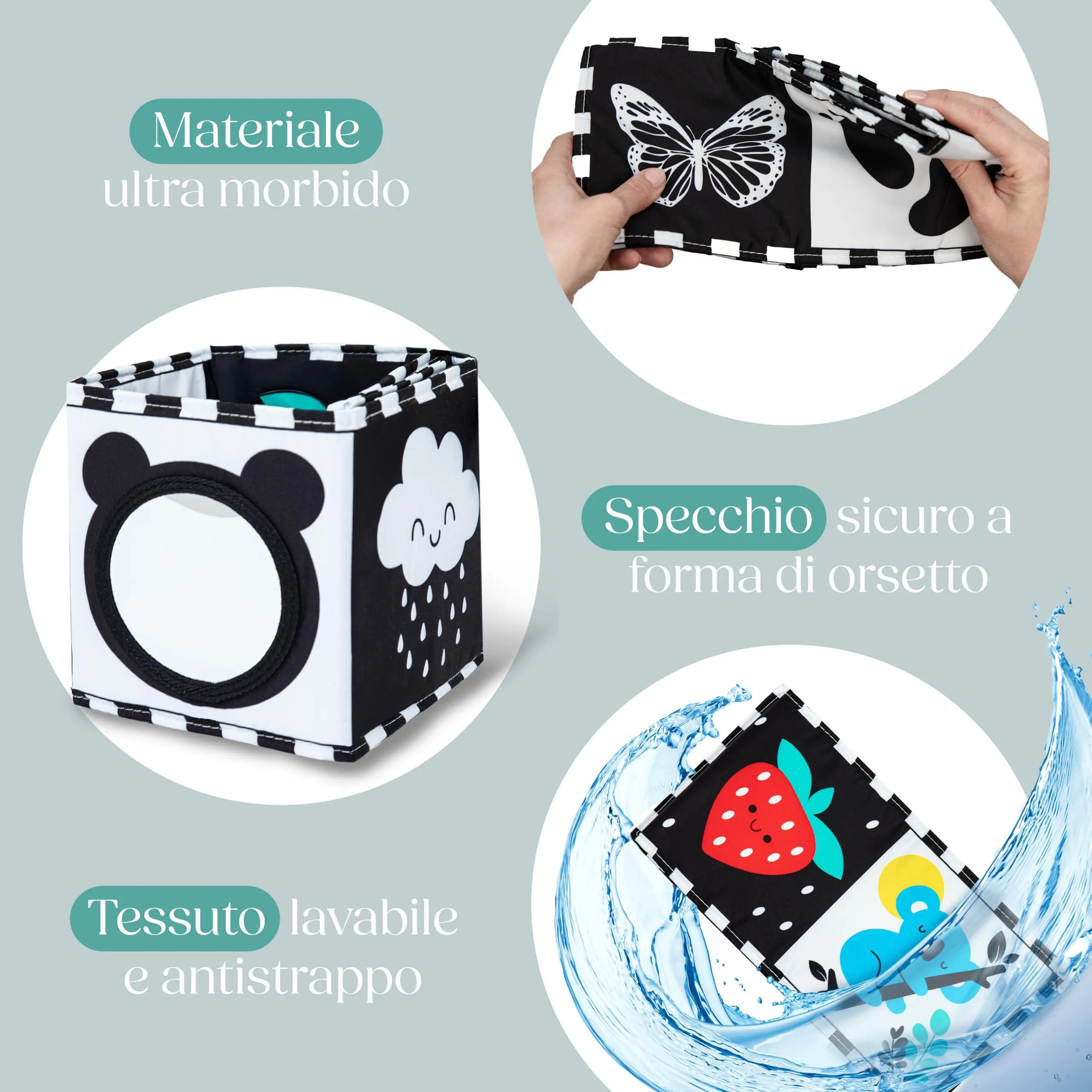 Wellode Libro Sensoriale in Stoffa per Neonati, Bianco e Nero ad Alto Contrasto - immagine 6