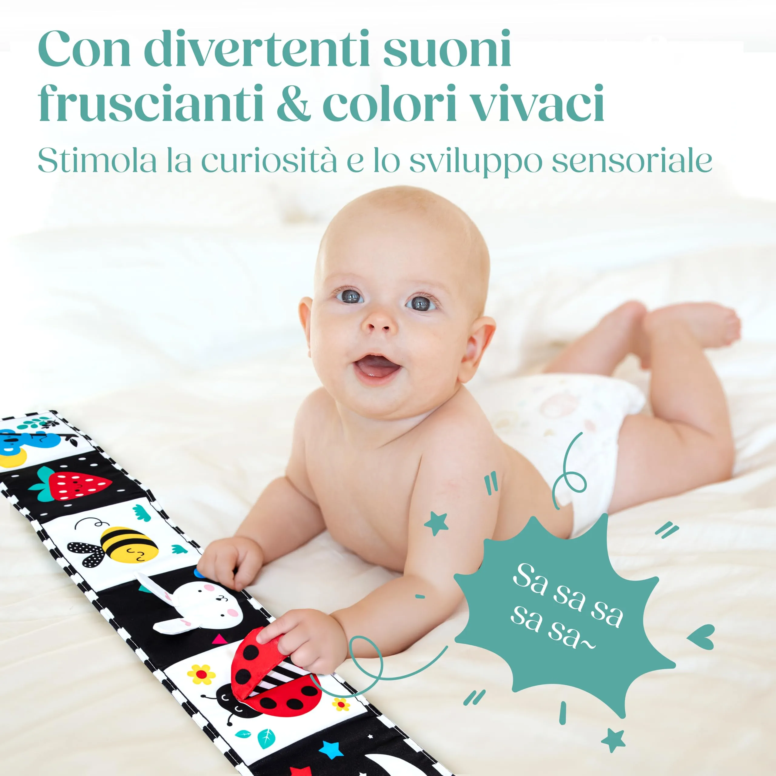 Wellode Libro Sensoriale in Stoffa per Neonati, Bianco e Nero ad Alto Contrasto - immagine 7