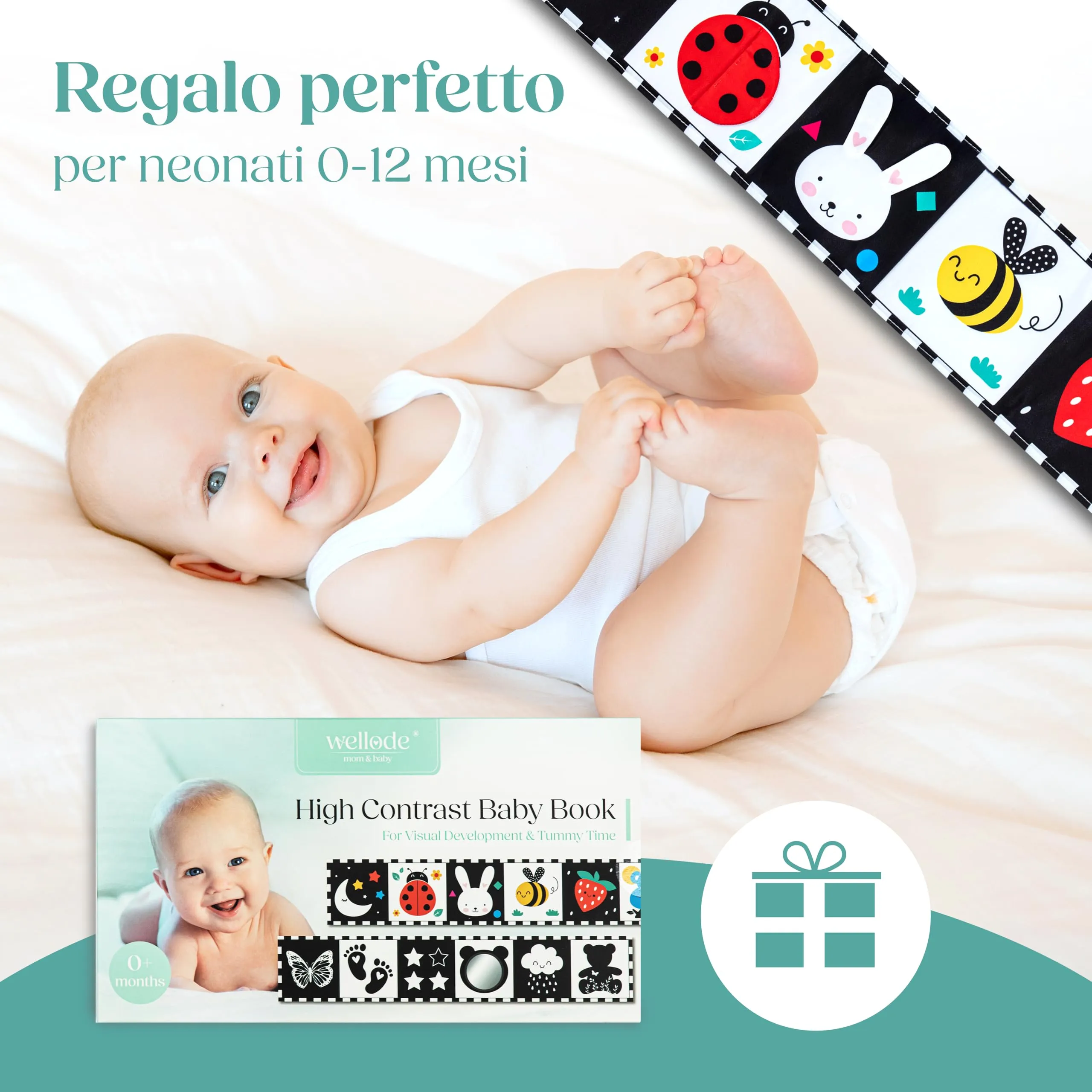 Wellode Libro Sensoriale in Stoffa per Neonati, Bianco e Nero ad Alto Contrasto - immagine 8