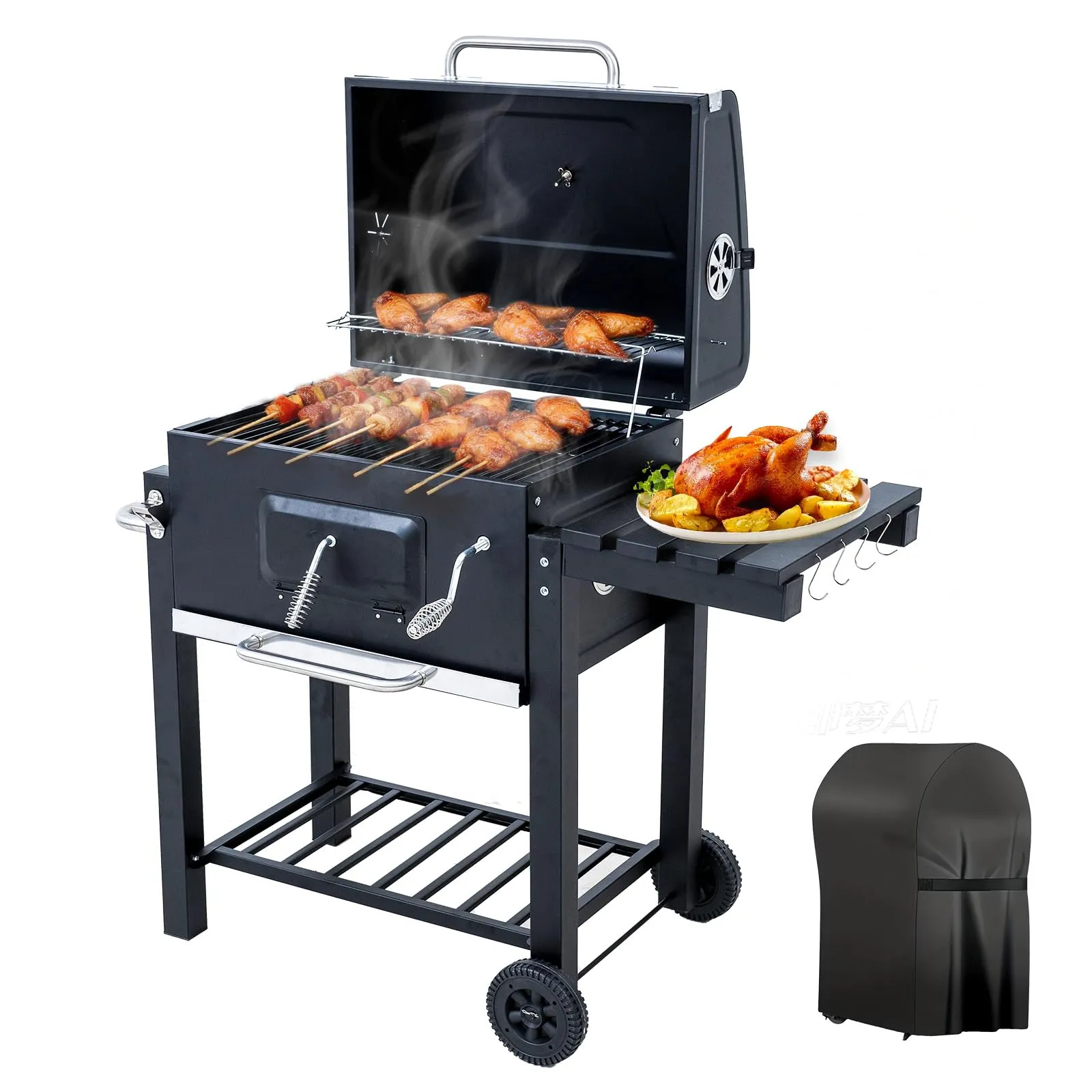 BELONID Barbecue a Carbonella con Coperchio, Superficie Cottura 56×42,5 cm, Vassoio Carbone Regolabile, Tavolino Laterale Pieghevole e Copertura, Nero - immagine 1