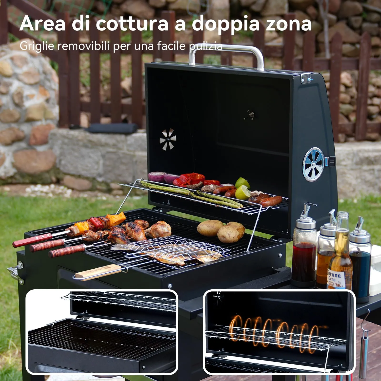 BELONID Barbecue a Carbonella con Coperchio, Superficie Cottura 56×42,5 cm, Vassoio Carbone Regolabile, Tavolino Laterale Pieghevole e Copertura, Nero - immagine 2