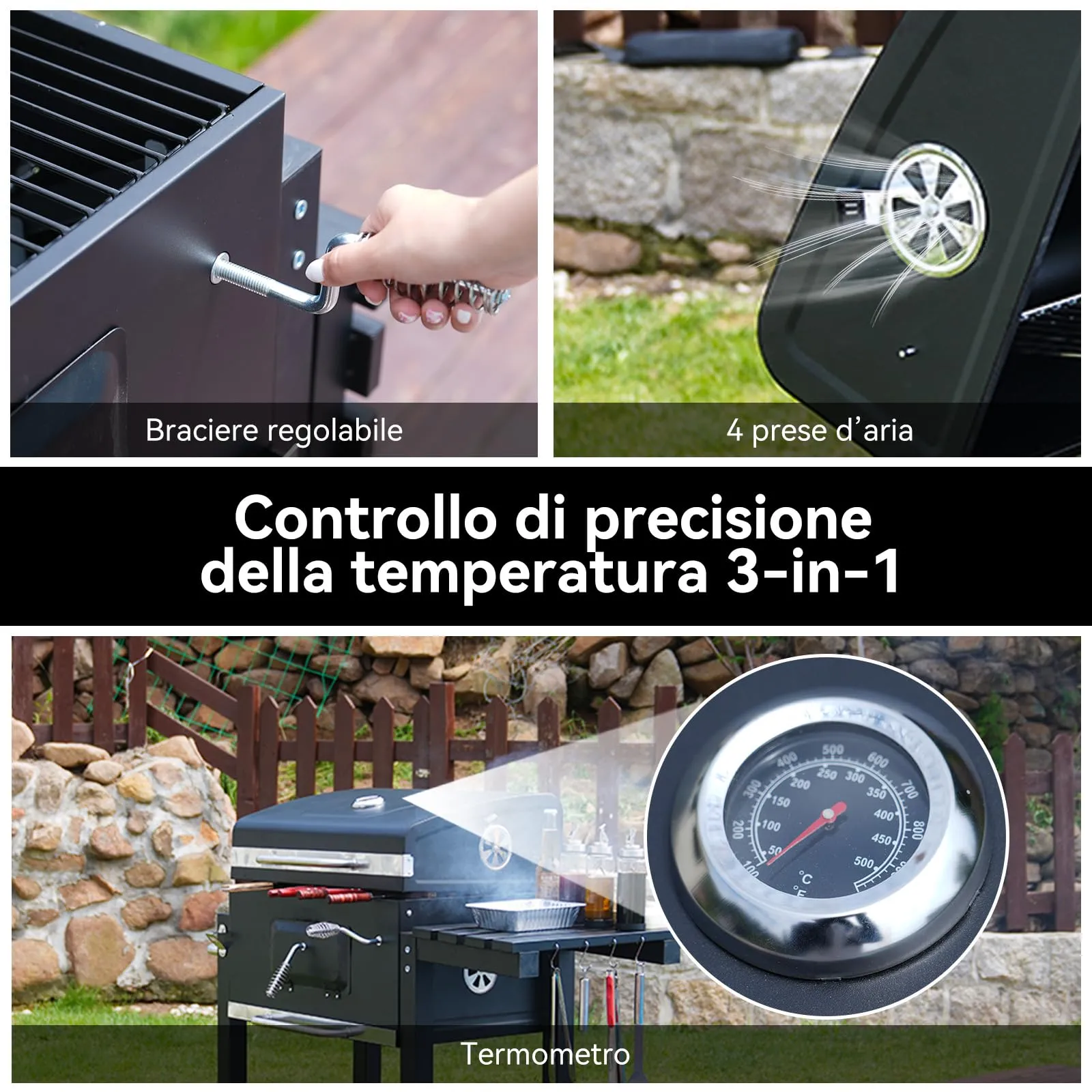 BELONID Barbecue a Carbonella con Coperchio, Superficie Cottura 56×42,5 cm, Vassoio Carbone Regolabile, Tavolino Laterale Pieghevole e Copertura, Nero - immagine 3