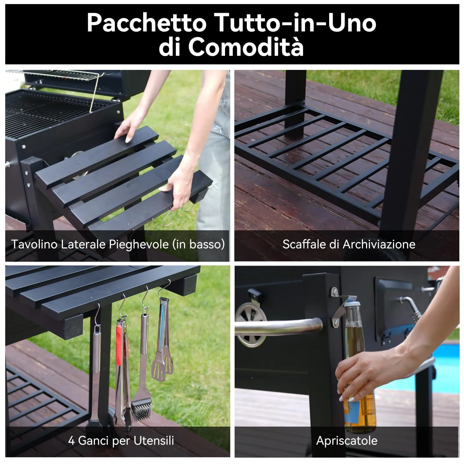 BELONID Barbecue a Carbonella con Coperchio, Superficie Cottura 56×42,5 cm, Vassoio Carbone Regolabile, Tavolino Laterale Pieghevole e Copertura, Nero - immagine 5