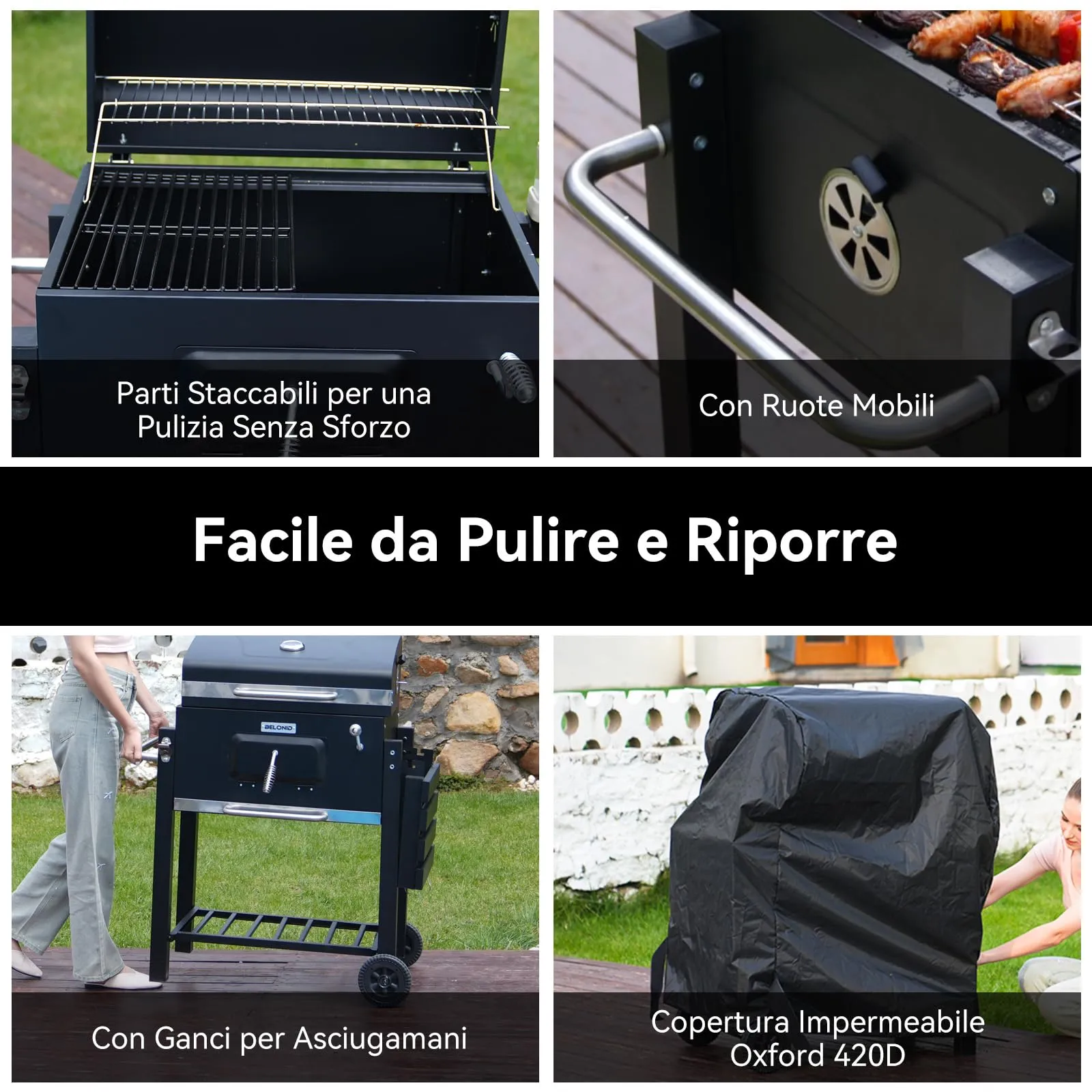 BELONID Barbecue a Carbonella con Coperchio, Superficie Cottura 56×42,5 cm, Vassoio Carbone Regolabile, Tavolino Laterale Pieghevole e Copertura, Nero - immagine 6
