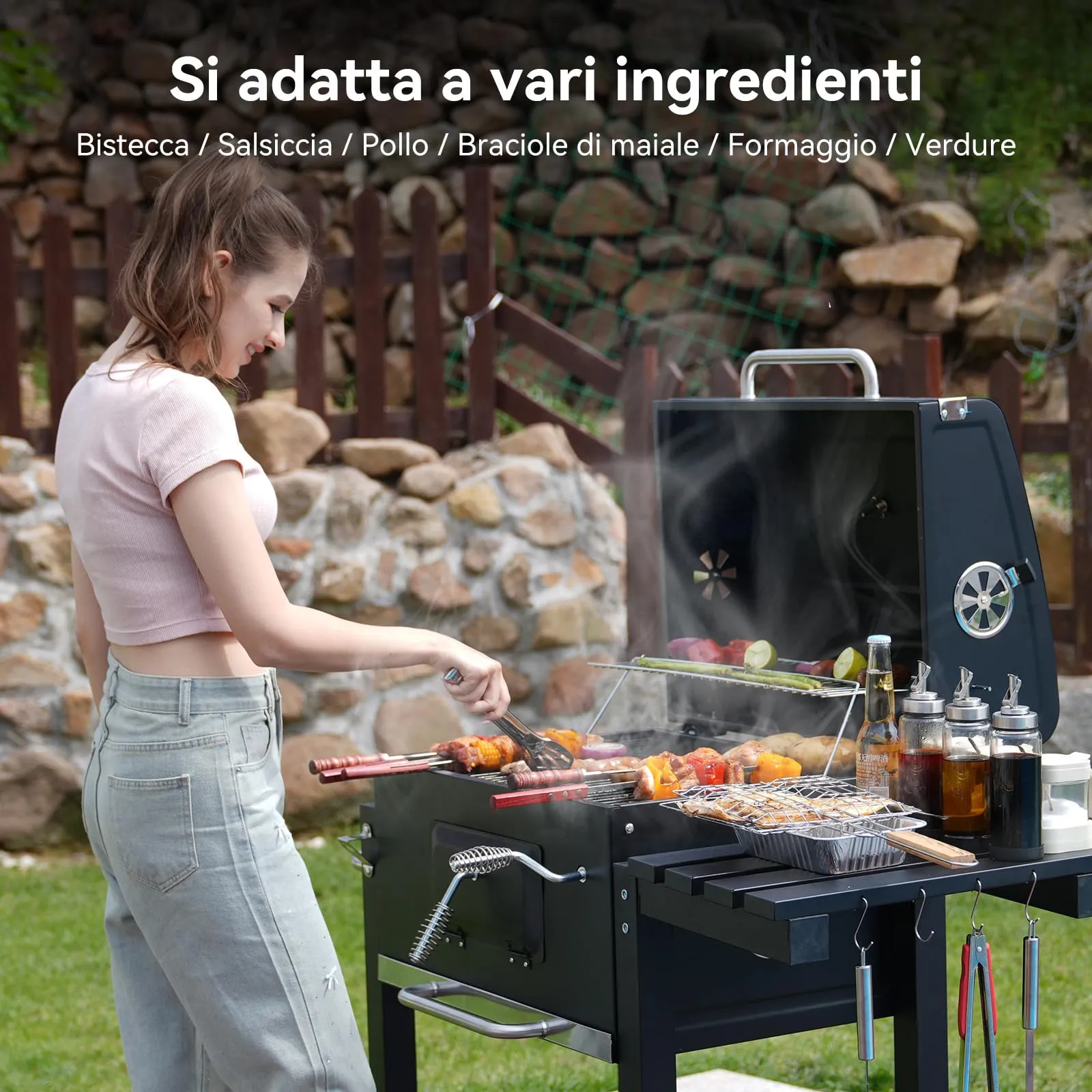 BELONID Barbecue a Carbonella con Coperchio, Superficie Cottura 56×42,5 cm, Vassoio Carbone Regolabile, Tavolino Laterale Pieghevole e Copertura, Nero - immagine 8
