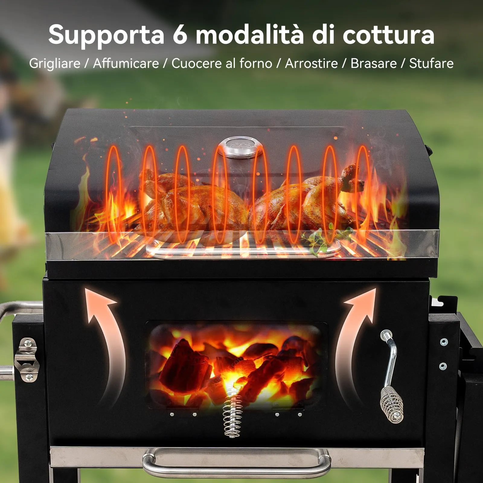BELONID Barbecue a Carbonella con Coperchio, Superficie Cottura 56×42,5 cm, Vassoio Carbone Regolabile, Tavolino Laterale Pieghevole e Copertura, Nero - immagine 9
