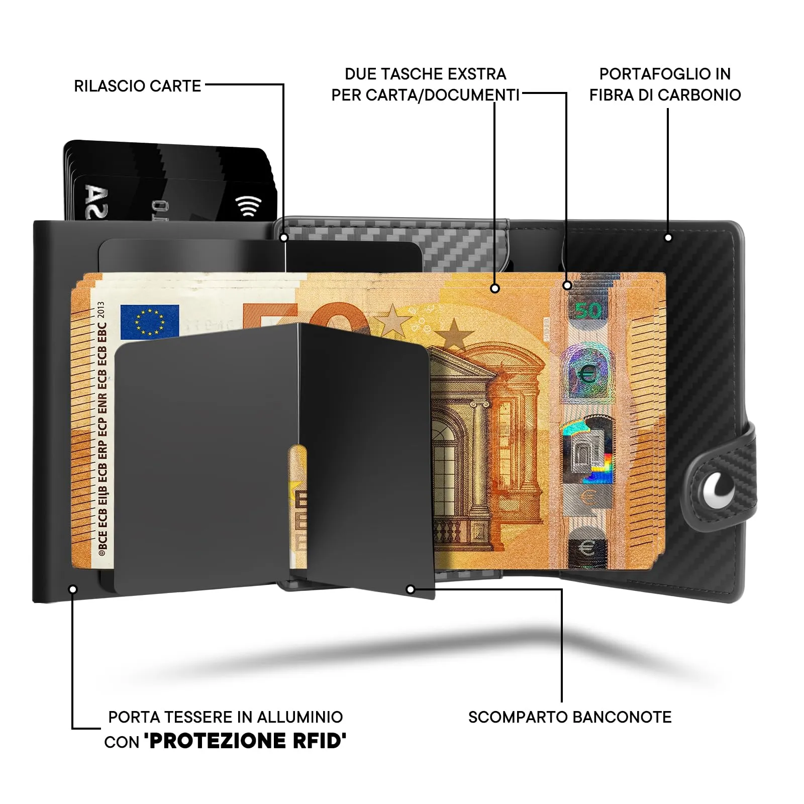 Fioscyra Portafoglio Slim in Fibra di Carbonio con Protezione RFID e Tasca Portamonete con Cerniera - immagine 3