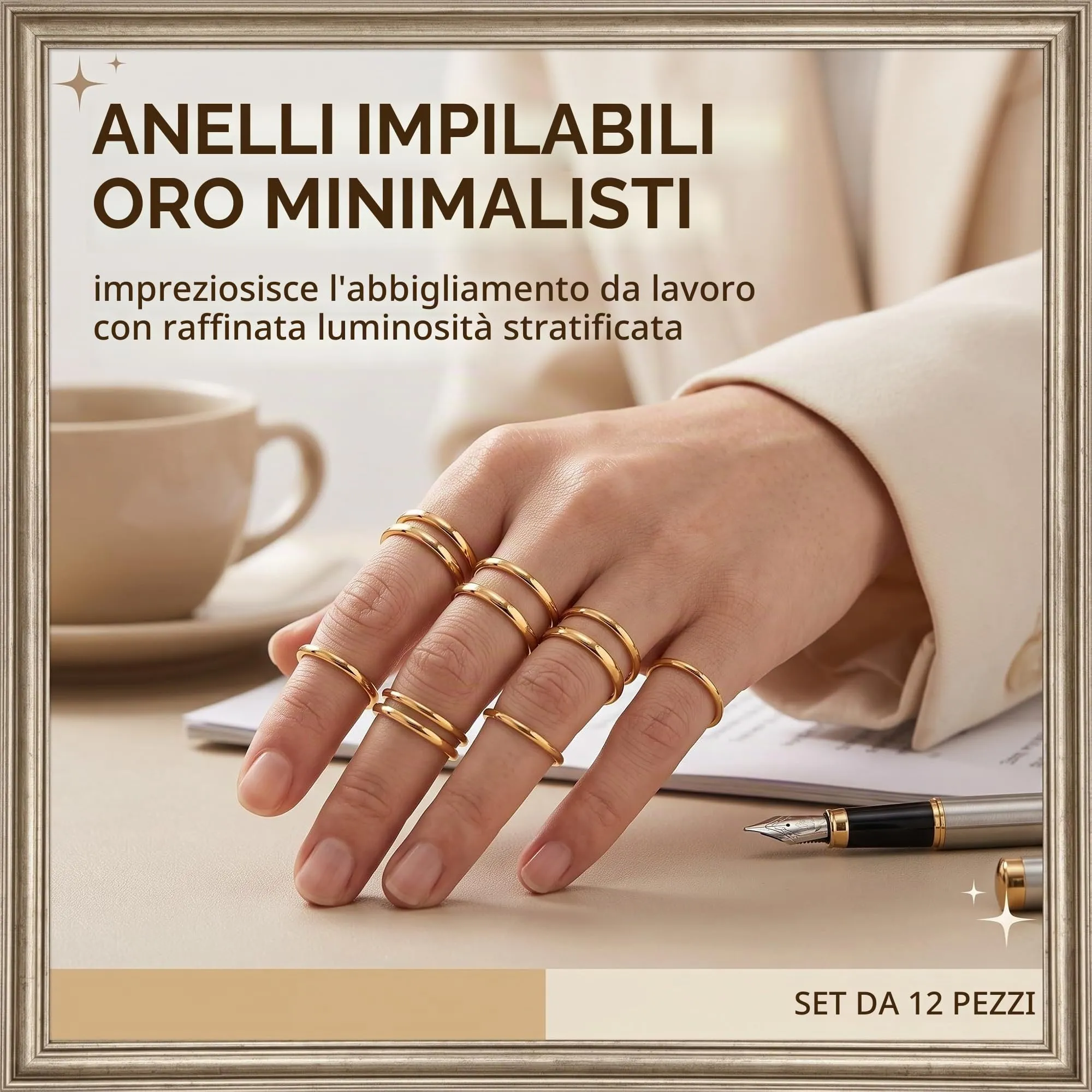 DBCEJF Set 12 Anelli Donna in Acciaio Inossidabile Oro, Fedine Sottili 1mm e 2mm Impilabili, Taglie 5-10 - immagine 2