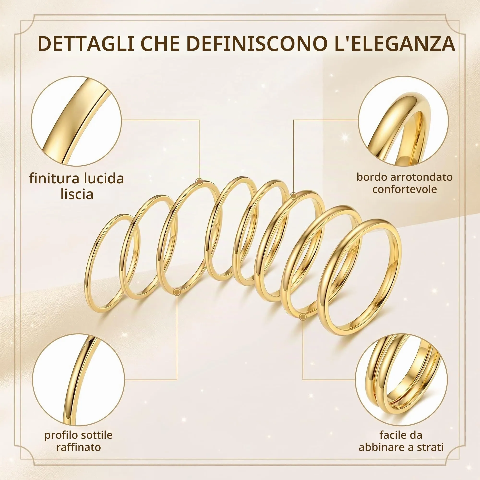 DBCEJF Set 12 Anelli Donna in Acciaio Inossidabile Oro, Fedine Sottili 1mm e 2mm Impilabili, Taglie 5-10 - immagine 8