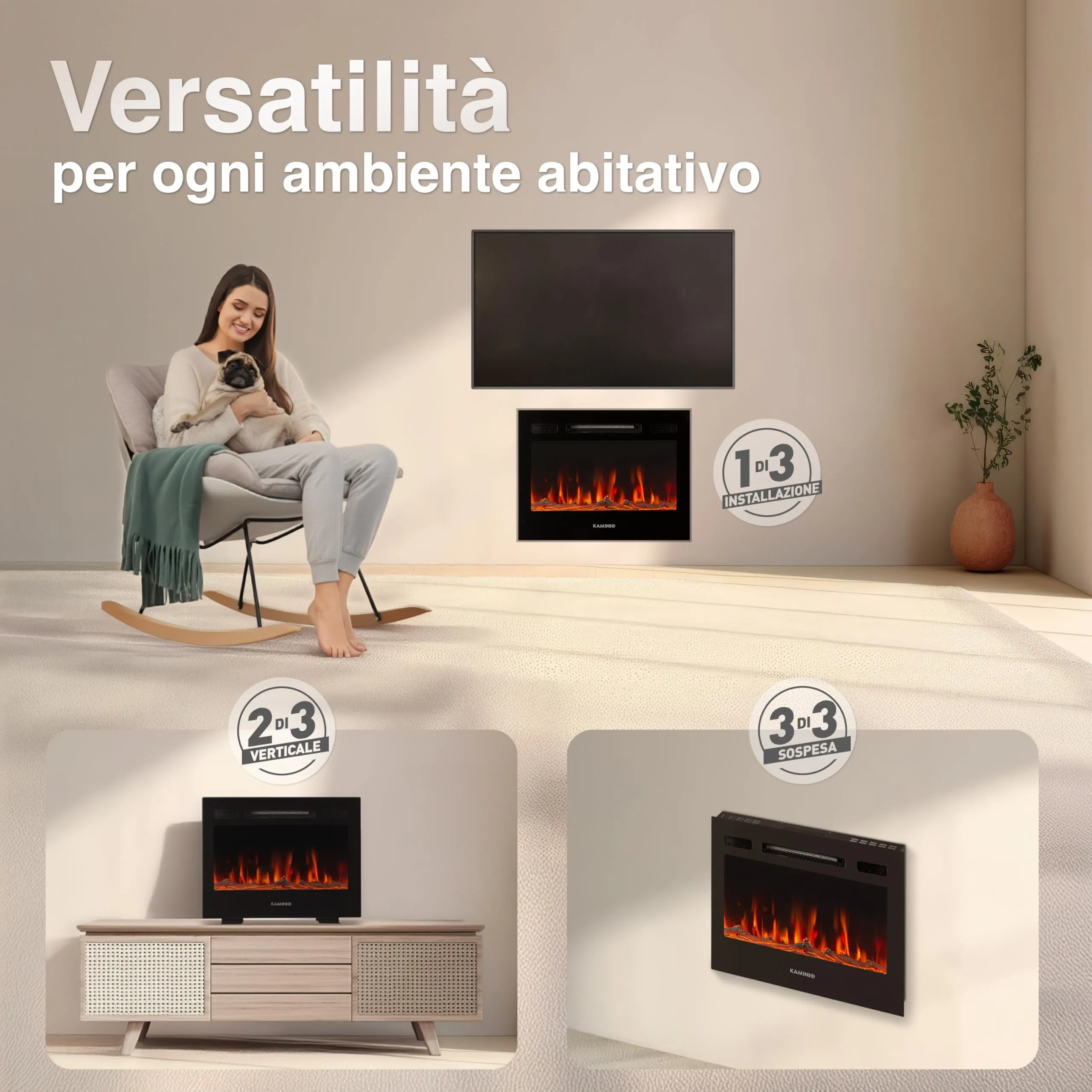 KAMINIO Marlon PRO 24 Camino elettrico da incasso, parete o appoggio, Nero - immagine 2