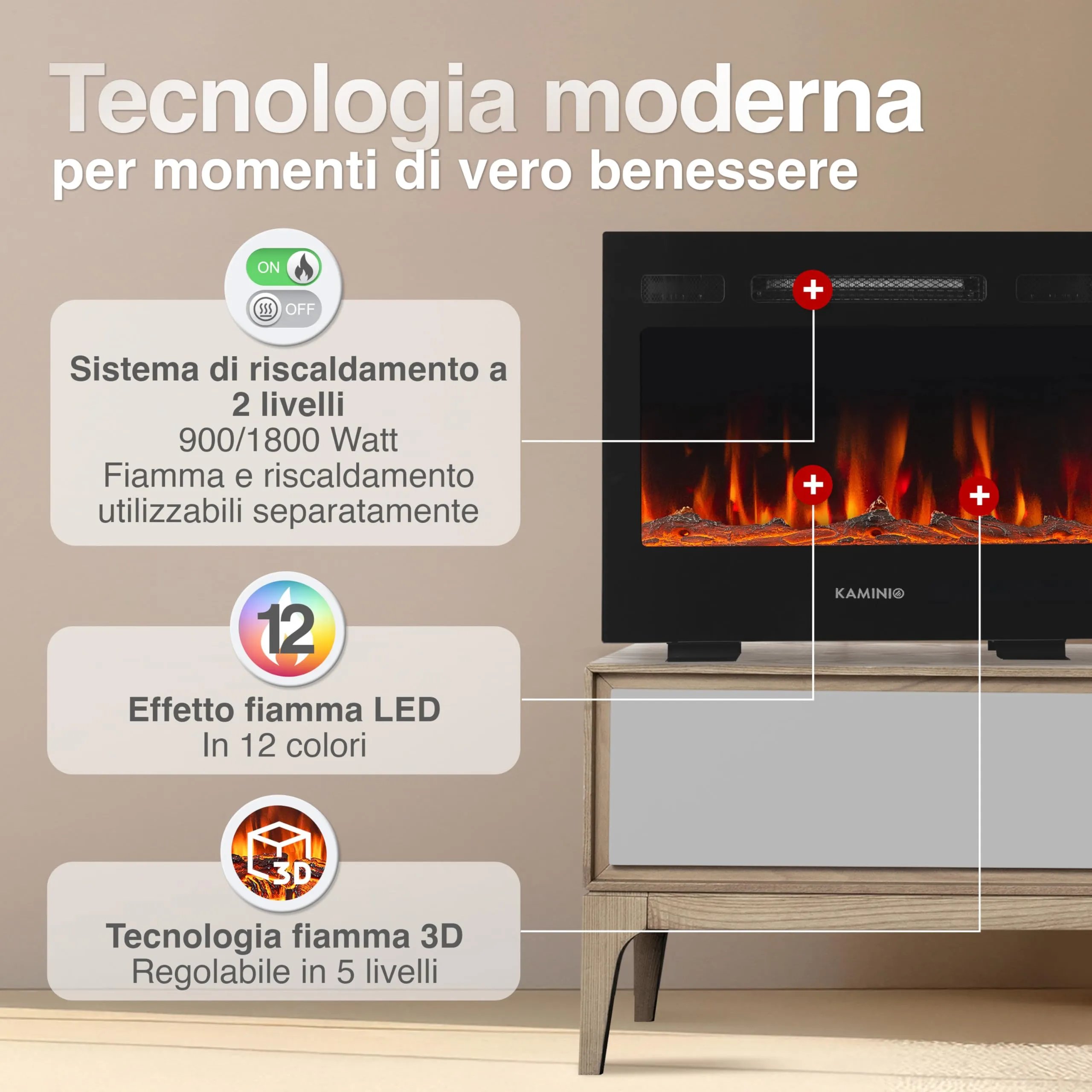 KAMINIO Marlon PRO 24 Camino elettrico da incasso, parete o appoggio, Nero - immagine 3