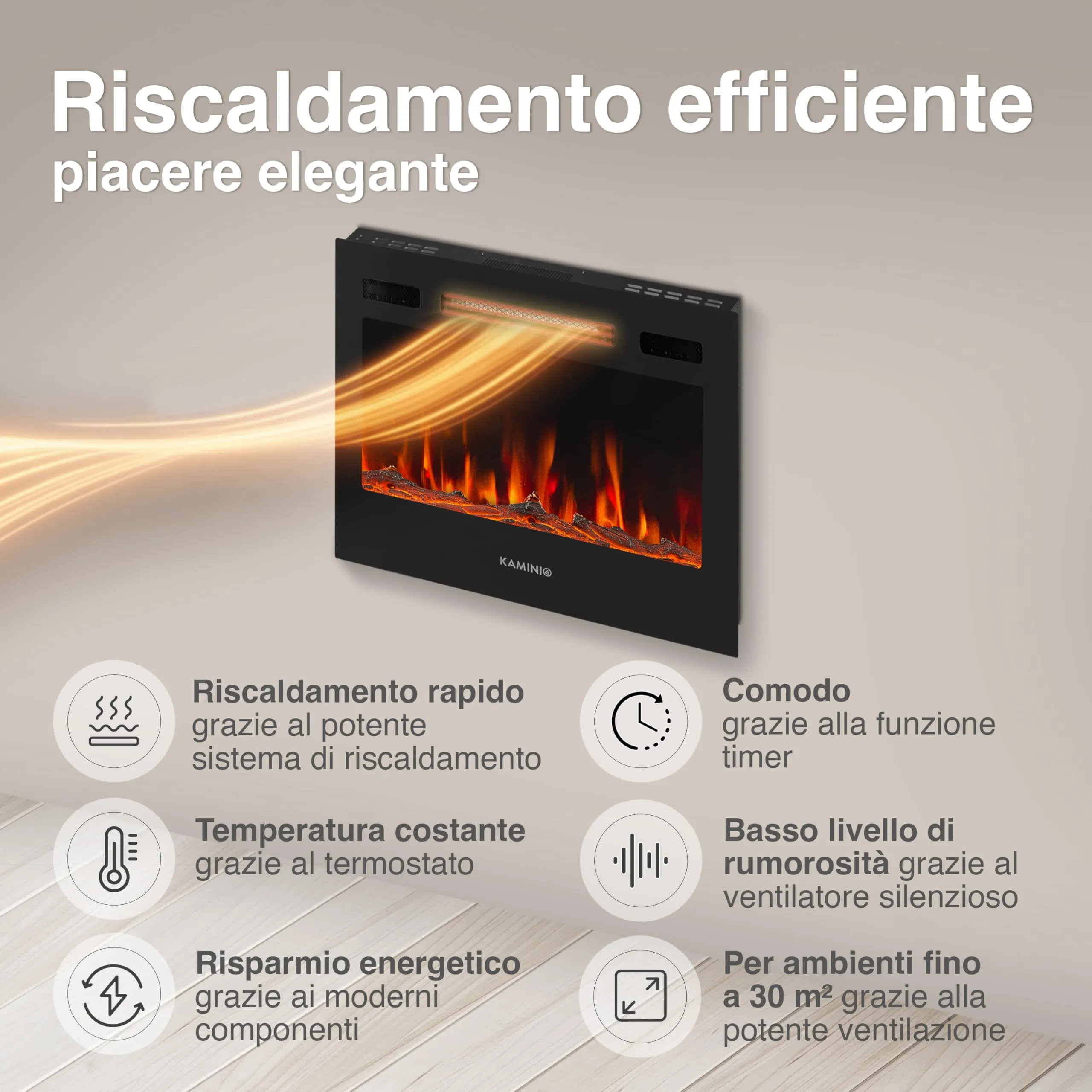 KAMINIO Marlon PRO 24 Camino elettrico da incasso, parete o appoggio, Nero - immagine 4
