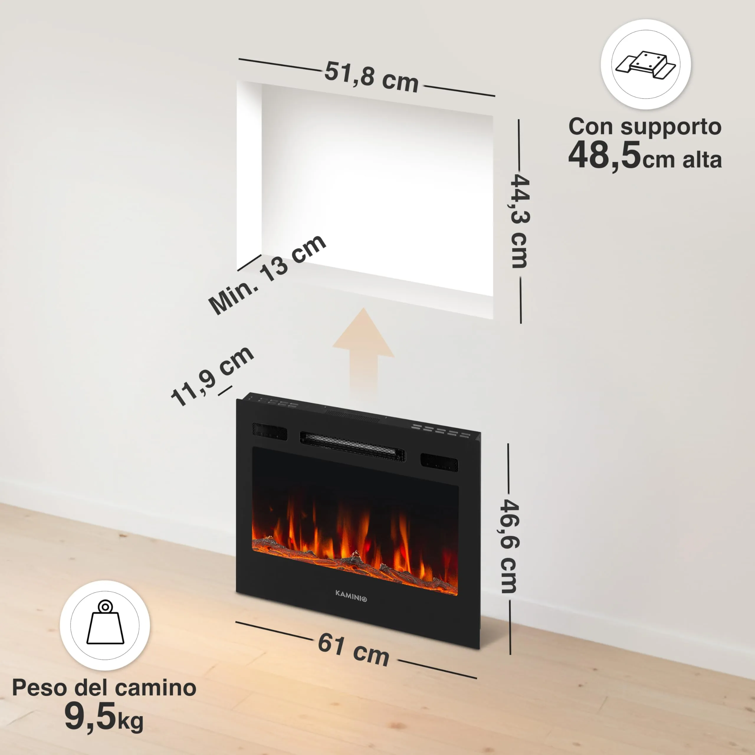 KAMINIO Marlon PRO 24 Camino elettrico da incasso, parete o appoggio, Nero - immagine 6
