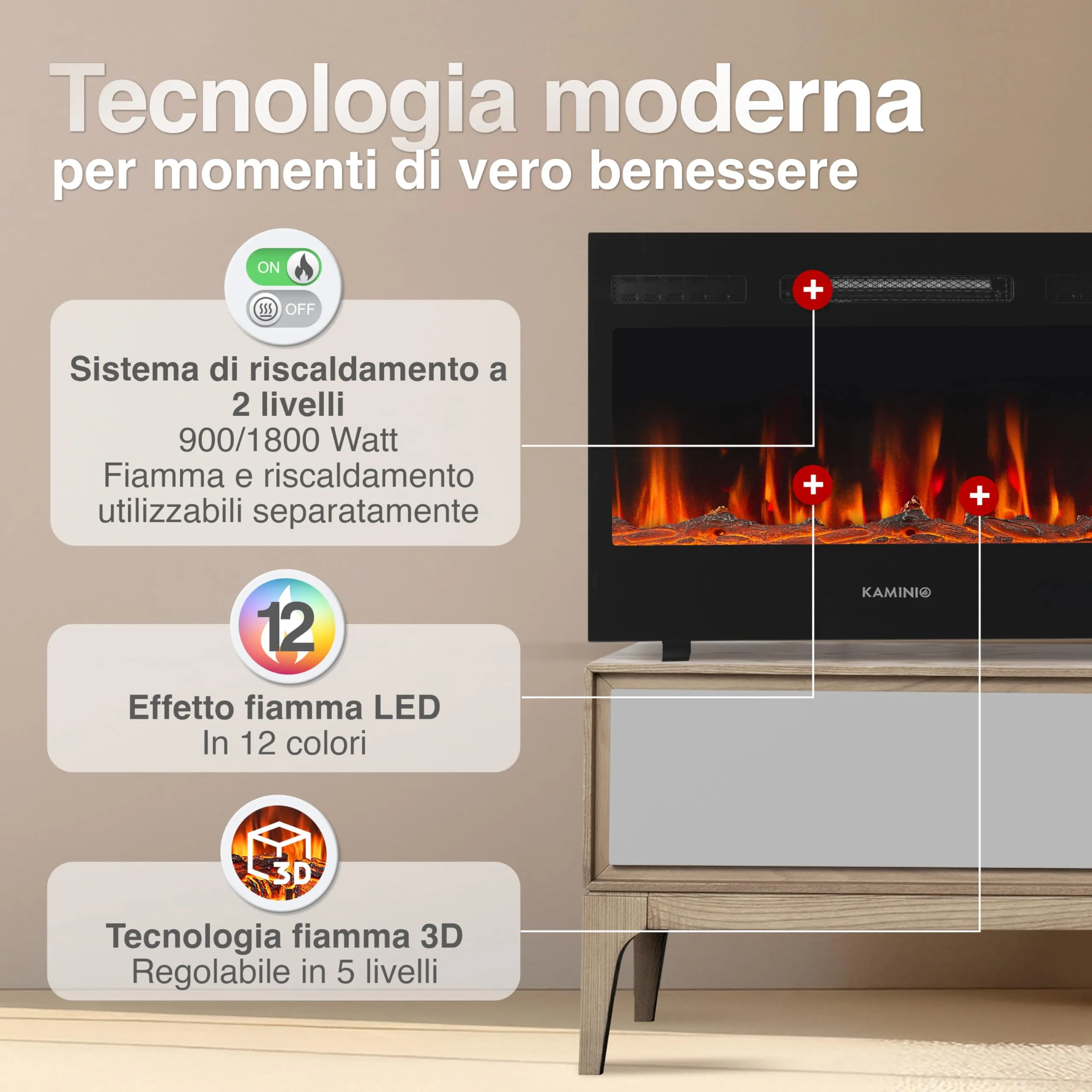 KAMINIO Marlon PRO 30 Camino Elettrico da Incasso, Parete o Appoggio - immagine 3
