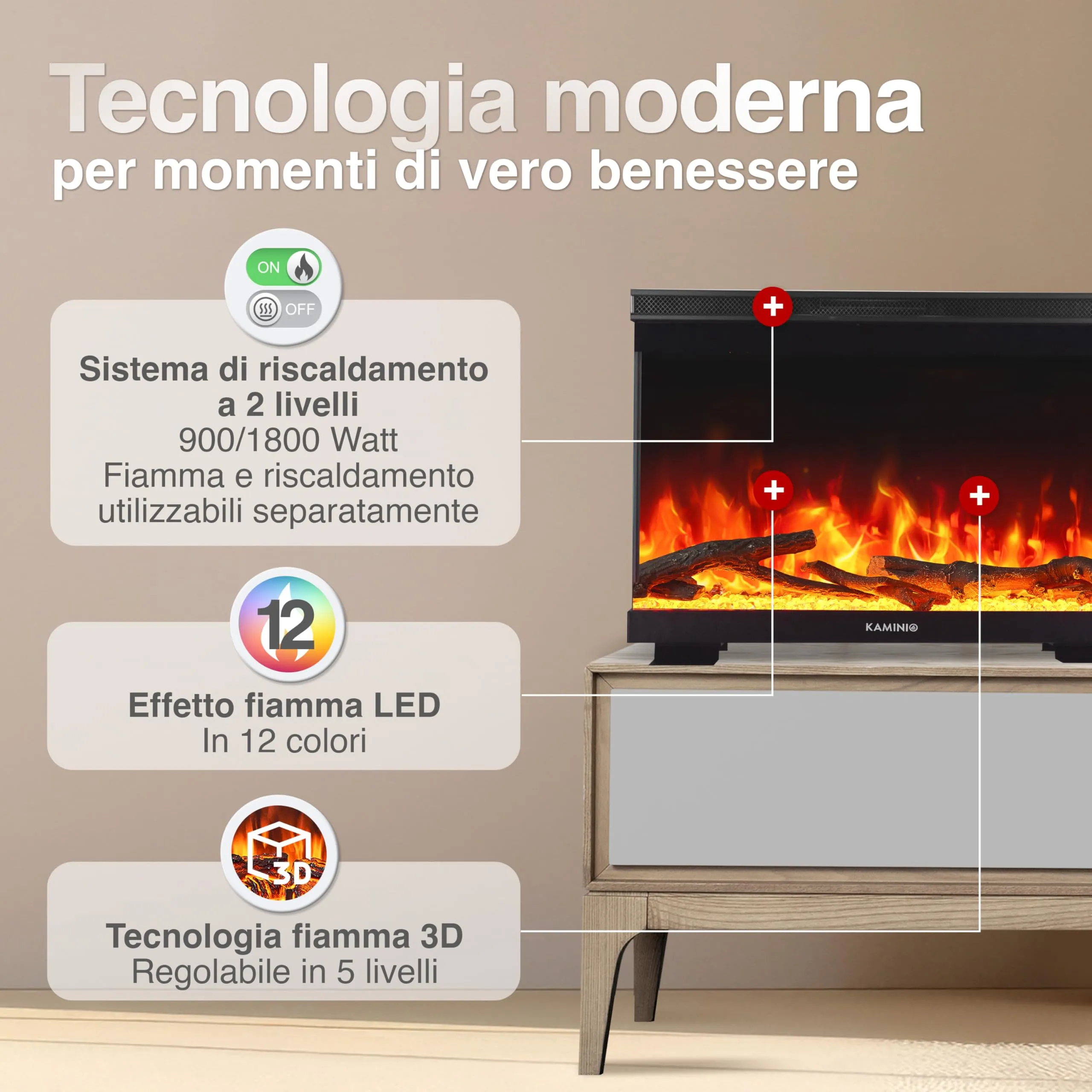 KAMINIO Lea PRO Camino Elettrico, Nero, 24 pollici (61 cm) - immagine 3