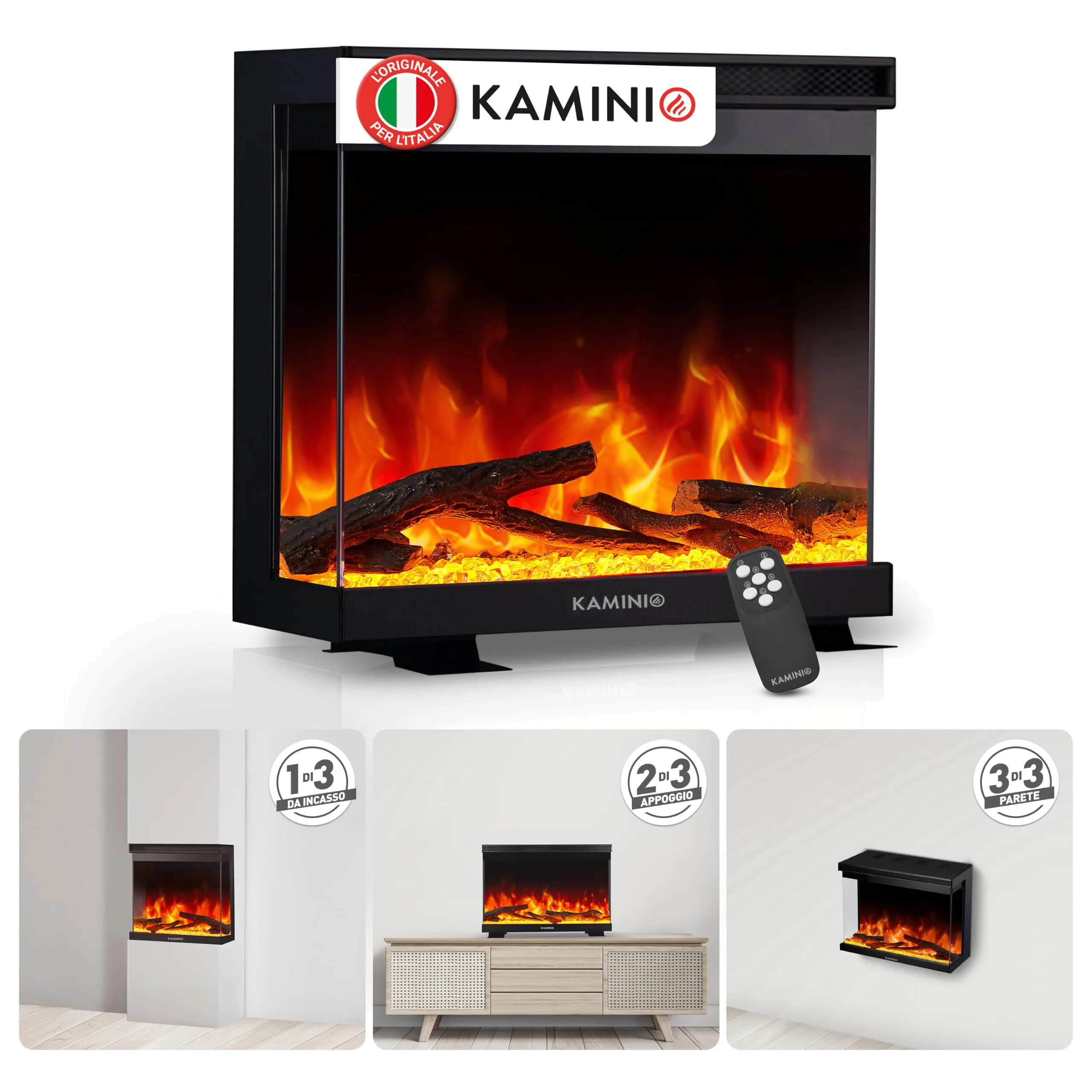 KAMINIO Lea PRO 30 Camino Elettrico da Incasso, Parete o Appoggio, Nero - immagine 1