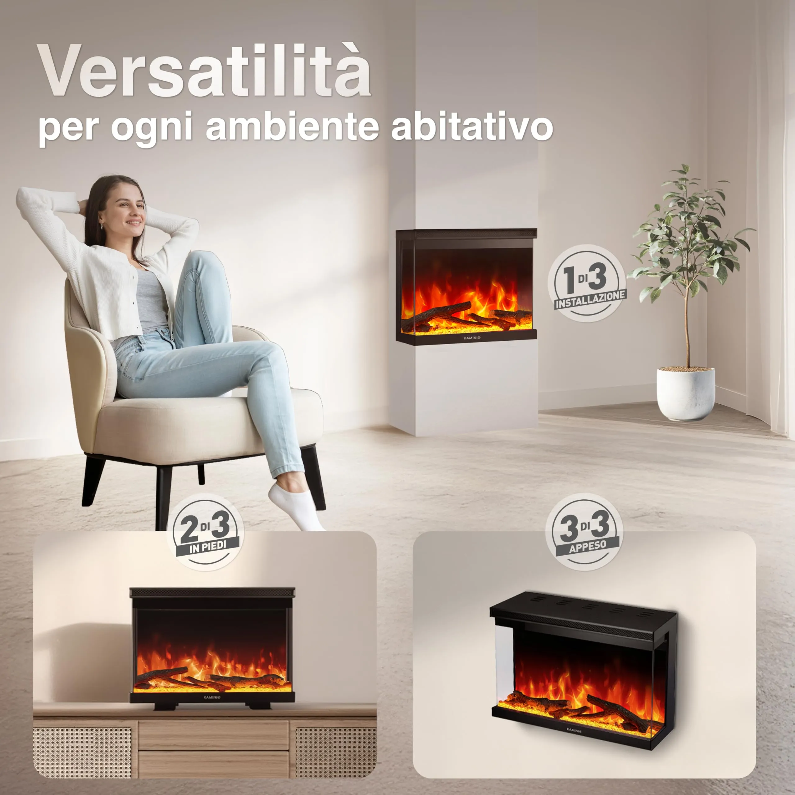 KAMINIO Lea PRO 30 Camino Elettrico da Incasso, Parete o Appoggio, Nero - immagine 2