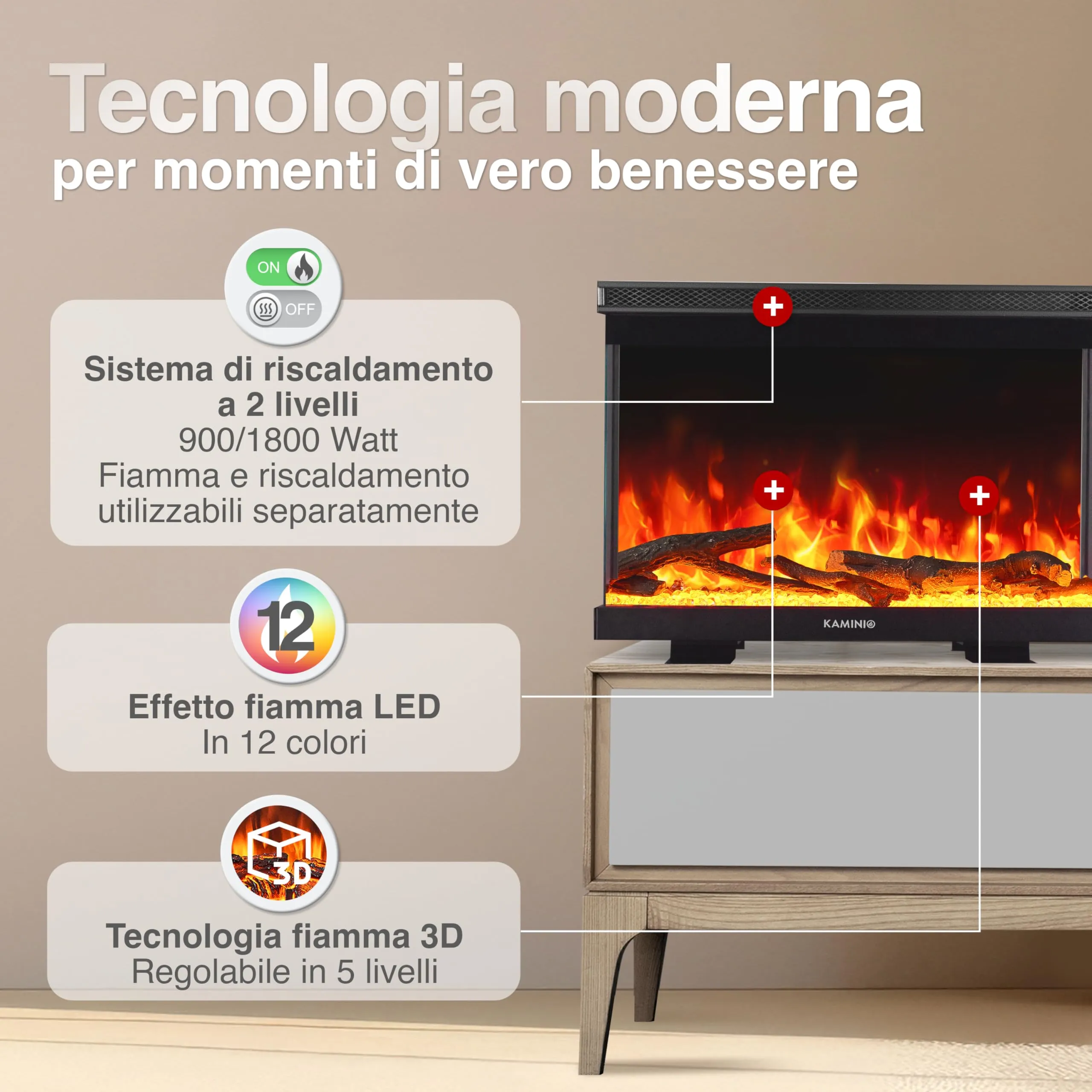 KAMINIO Lea PRO 30 Camino Elettrico da Incasso, Parete o Appoggio, Nero - immagine 3
