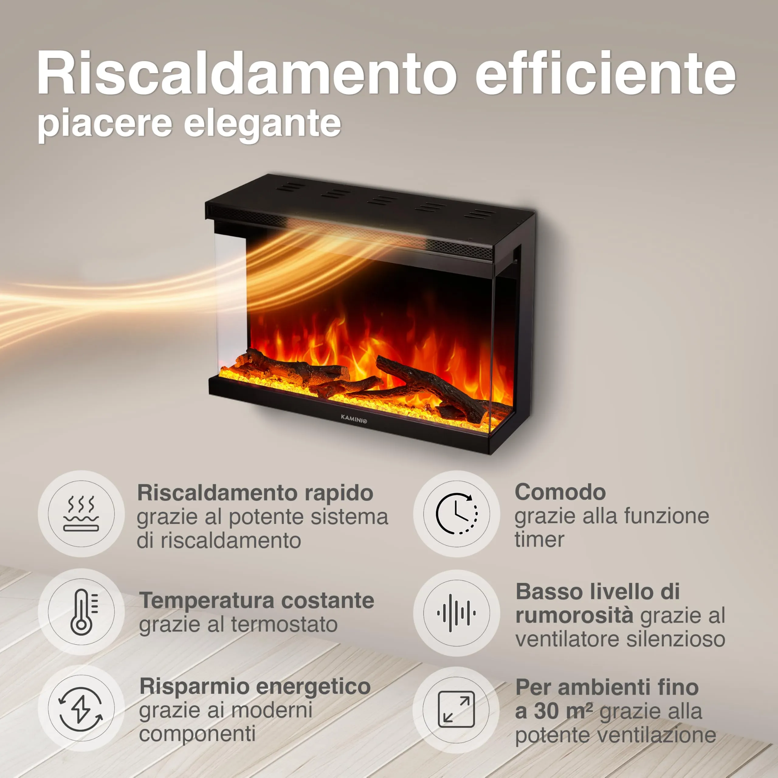 KAMINIO Lea PRO 30 Camino Elettrico da Incasso, Parete o Appoggio, Nero - immagine 4