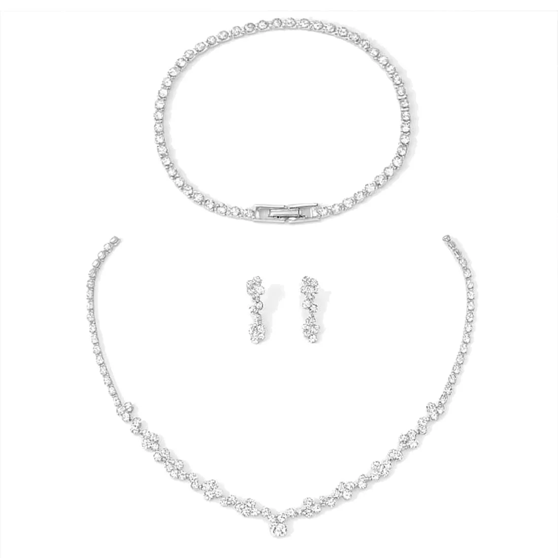 UZYXC Set Gioielli Sposa Argento con Collana, Orecchini e Bracciale in Cristallo - immagine 1