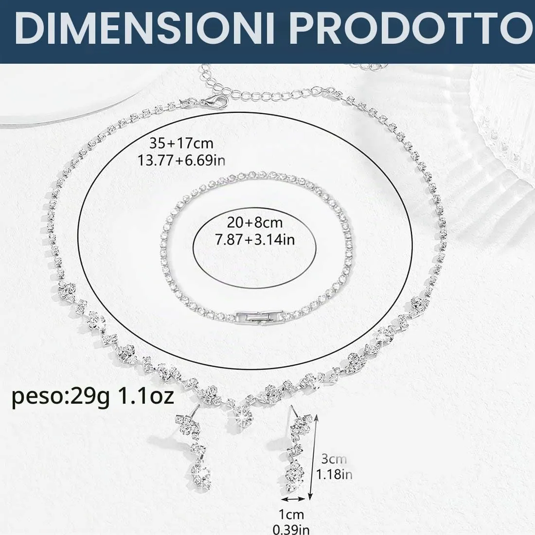 UZYXC Set Gioielli Sposa Argento con Collana, Orecchini e Bracciale in Cristallo - immagine 2