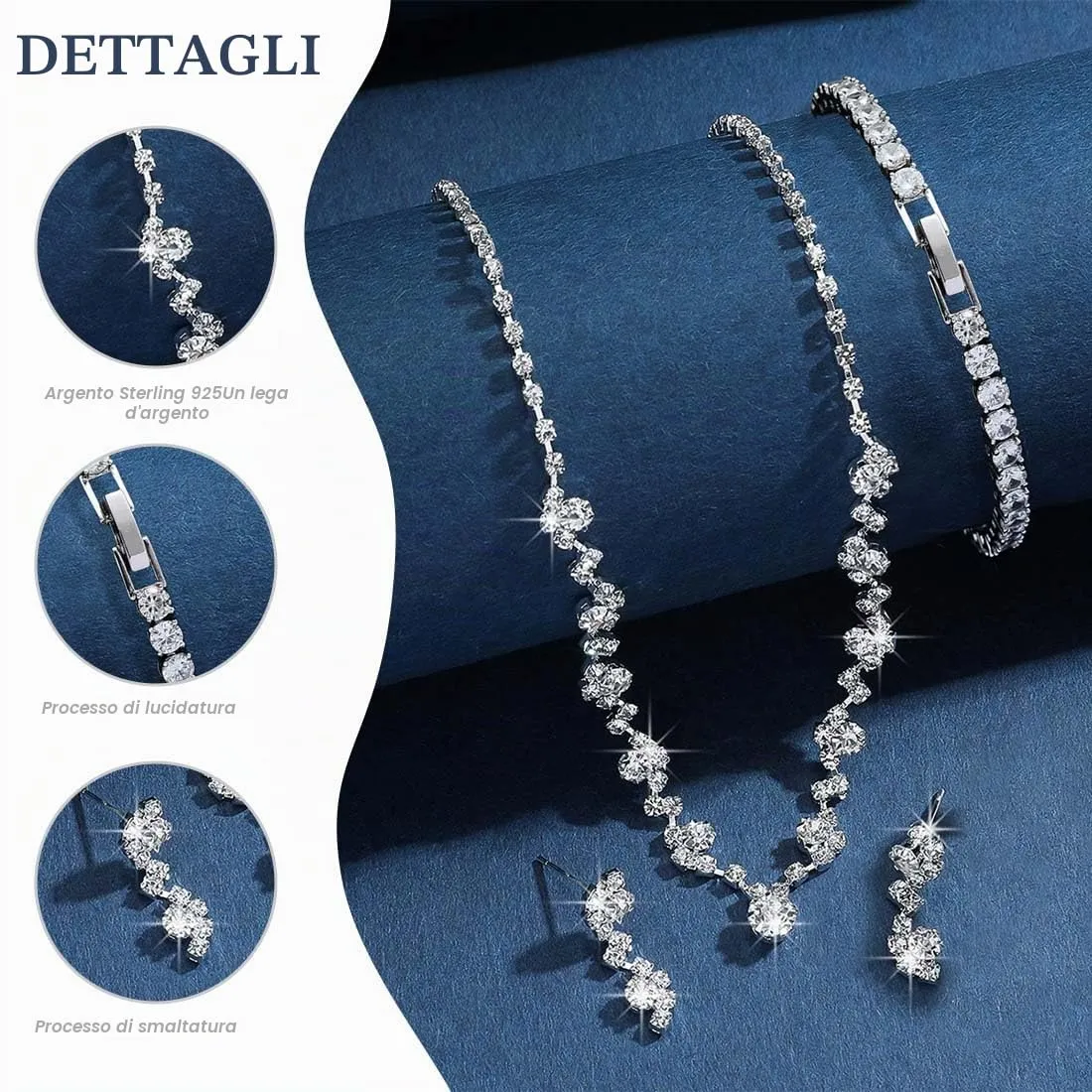 UZYXC Set Gioielli Sposa Argento con Collana, Orecchini e Bracciale in Cristallo - immagine 3