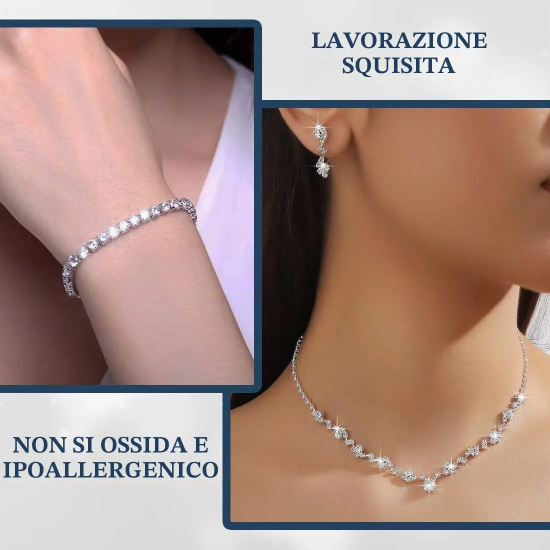 UZYXC Set Gioielli Sposa Argento con Collana, Orecchini e Bracciale in Cristallo - immagine 4